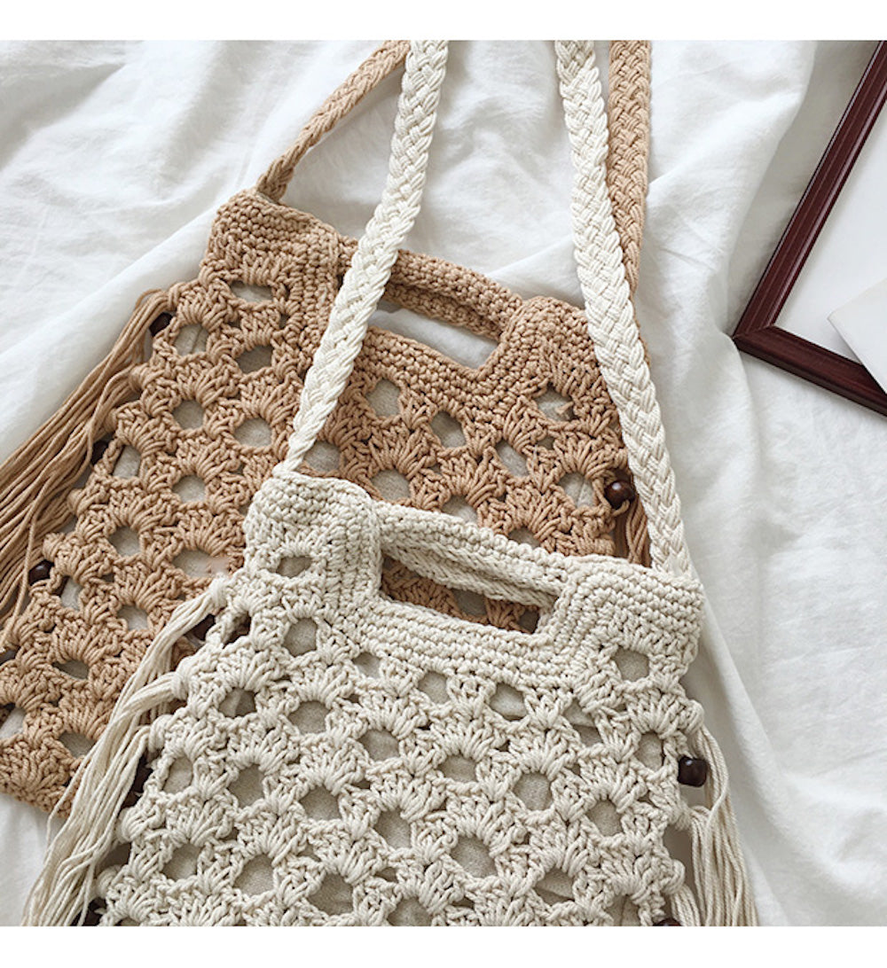 Buy Online High Quality, Unique Handmade Retro Cotton Crochet Shoulder Bag with Tassels, Hand Woven, Fashion Casual Bag, Gift for Her, Women's Woven Bag - Elena Handbags