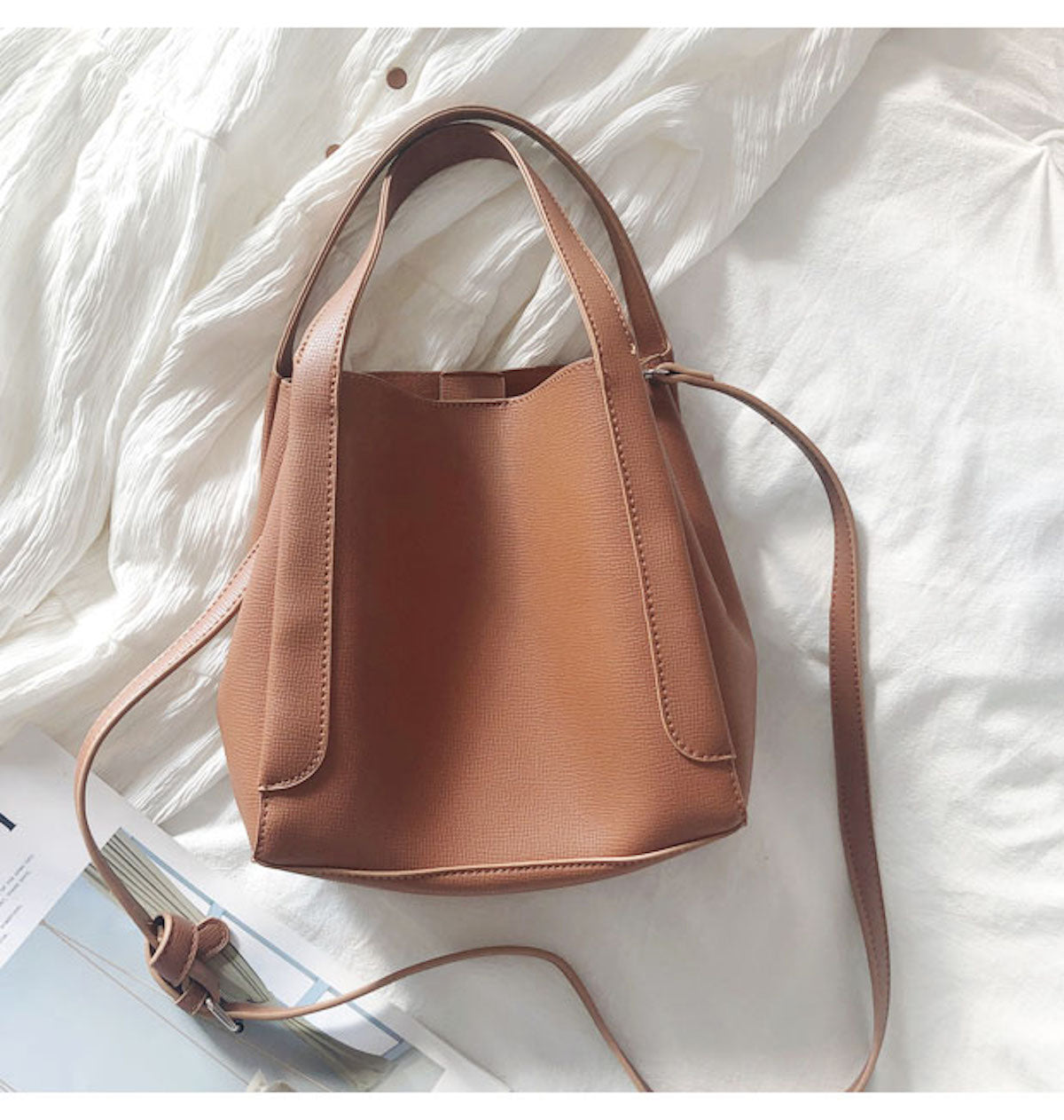 Buy Online Leather Bucket Bag with Shoulder Strap and Inner Pouch