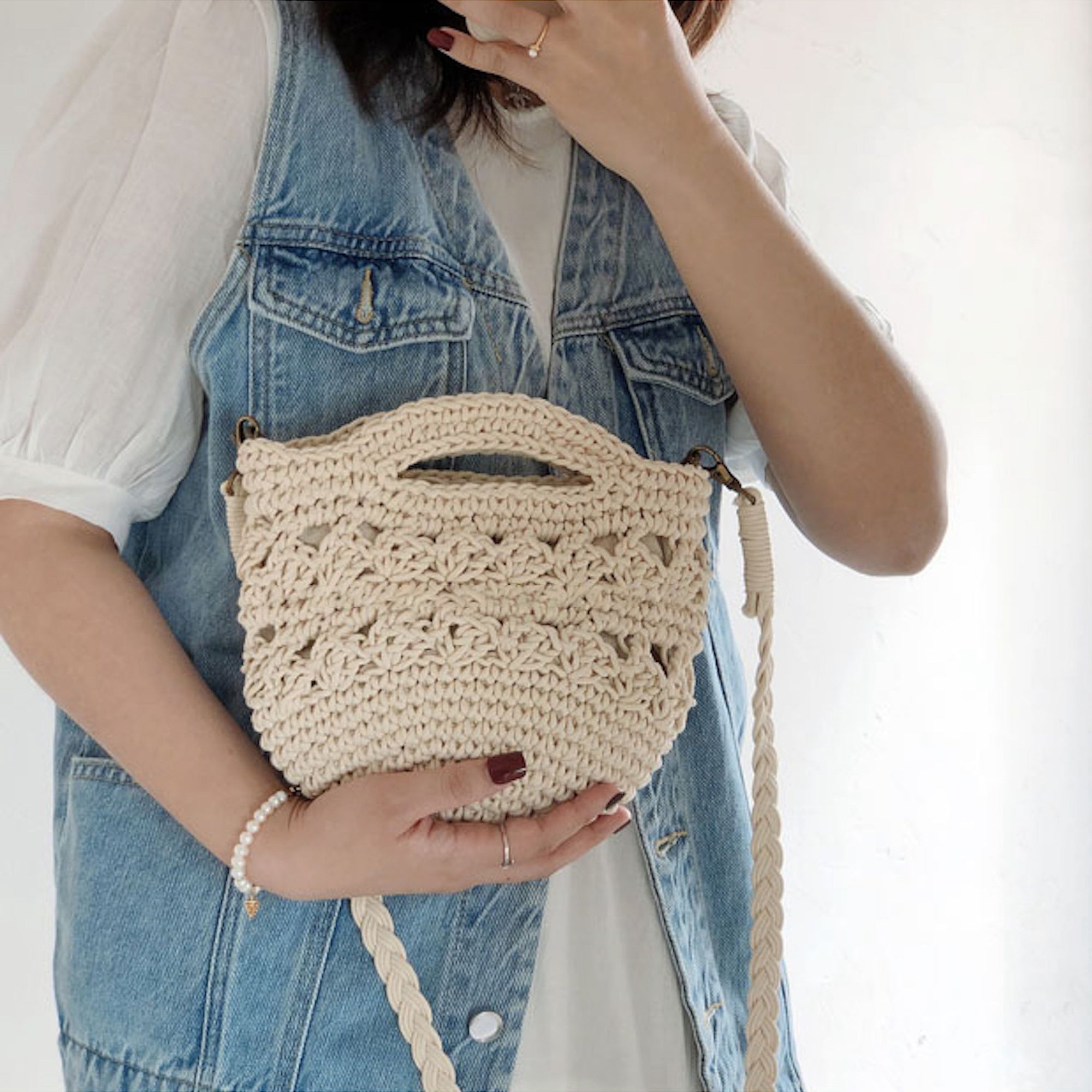 Buy Online High Quality, Unique Handmade Retro Crochet Shoulder Crossbody Bag, Minimalistic Basket Design, Small Size, Handmade Woven Cotton Twine - Elena Handbags