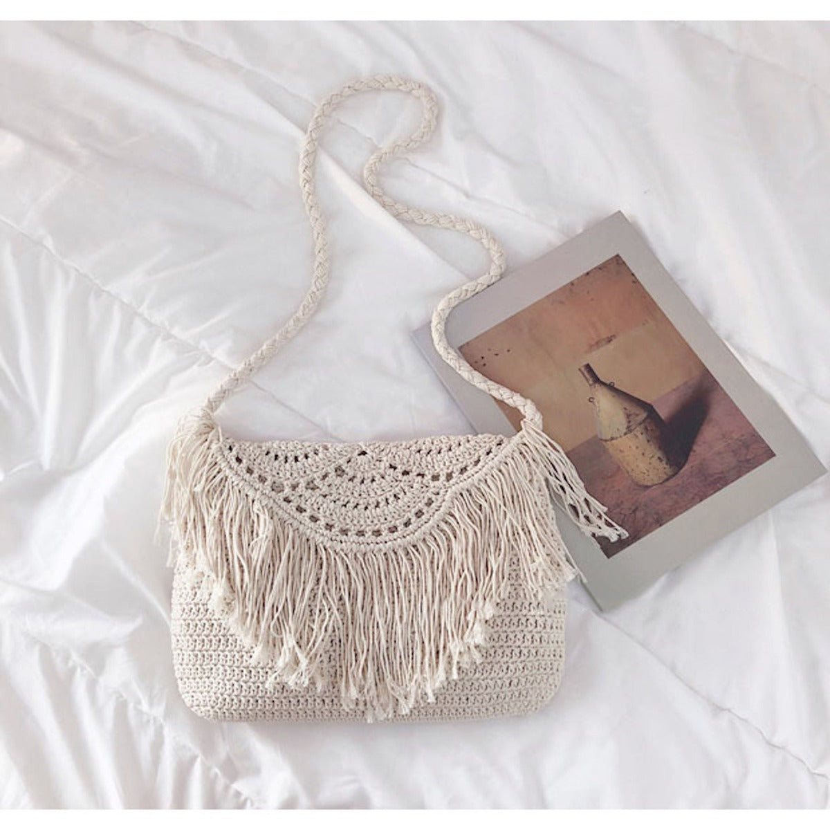 Buy Online High Quality, Unique Handmade Bohemian Tassel Beach Bag, Women Crochet Fringed Crossbody Bag, Hand Knitted Boho Shoulder Bag - Elena Handbags