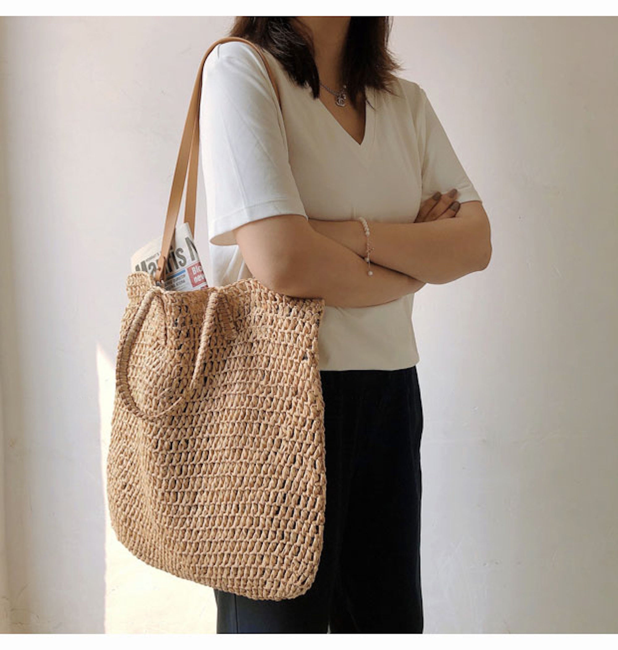 Buy Online High Quality, Unique Handmade Minimalistic Straw Woven Tote Bag with Leather Straps, Vintage Vibes, Shoulder Bag, Retro Bag, Beach Bag - Elena Handbags