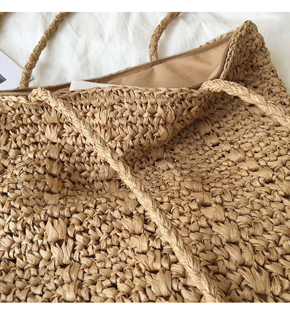 high quality handmade woven tote travel shopping bag Lightweight Straw Woven Square Tote Bag Brown