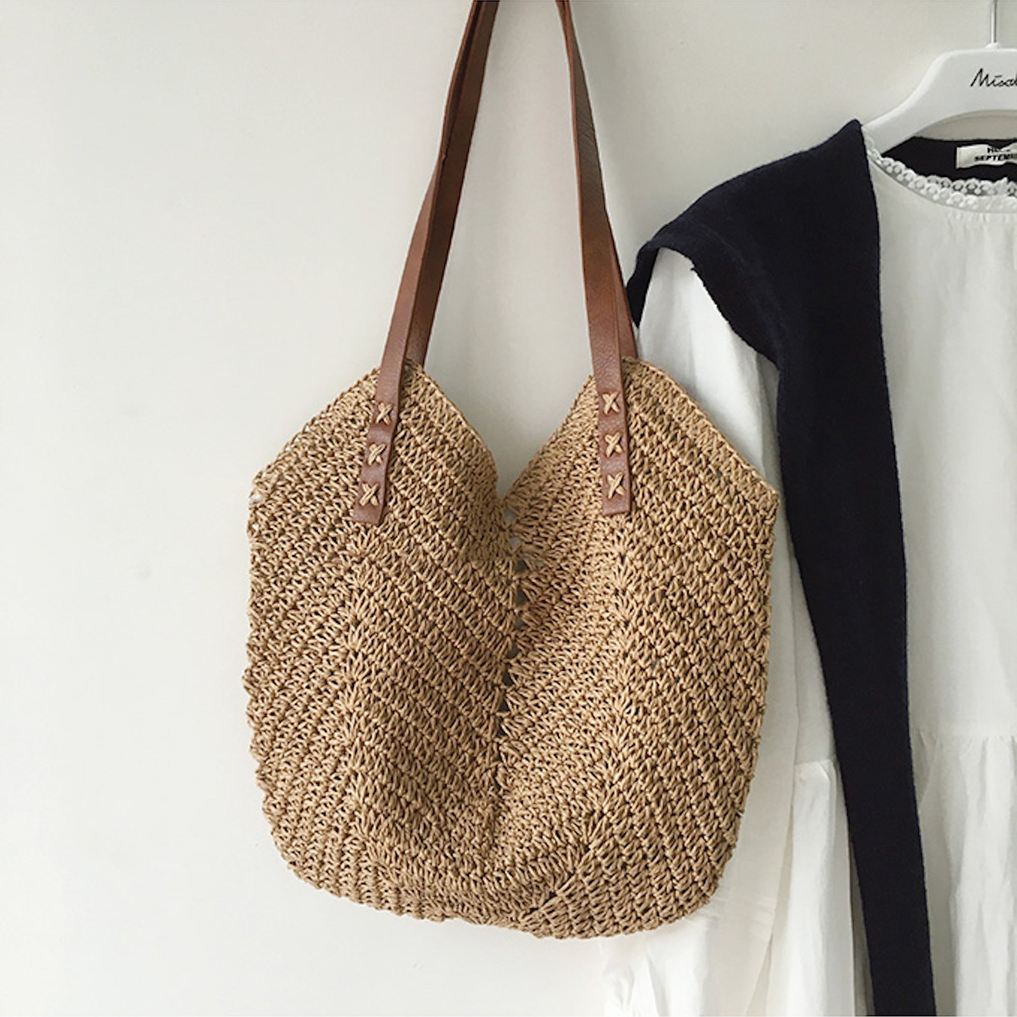 Buy Online High Quality, Unique Handmade Retro Straw Woven Tote Bag with Leather Straps, Summer Beach Bag, Handmade Shoulder Bag, Boho Beach Bag - Elena Handbags