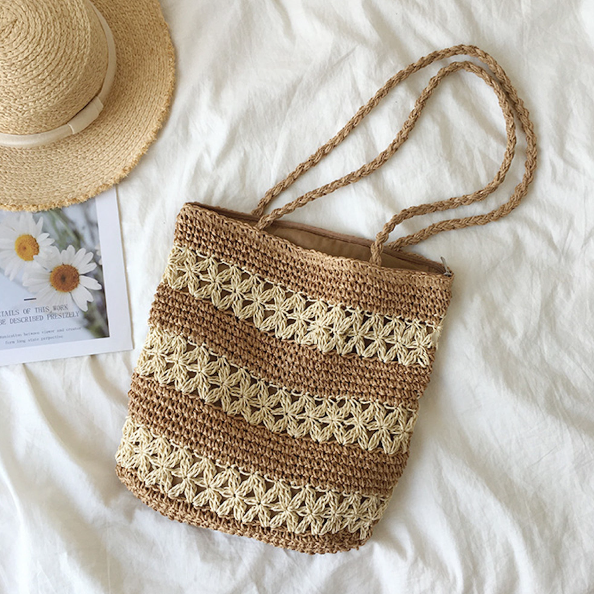 Patterned Straw Woven Tote Bag