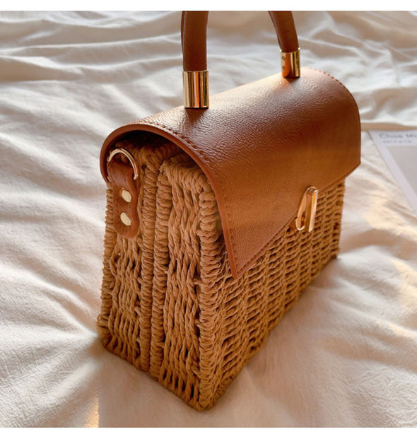 Buy Online Elena Handbags Straw Woven Box Bag with Leather Flap and Trims