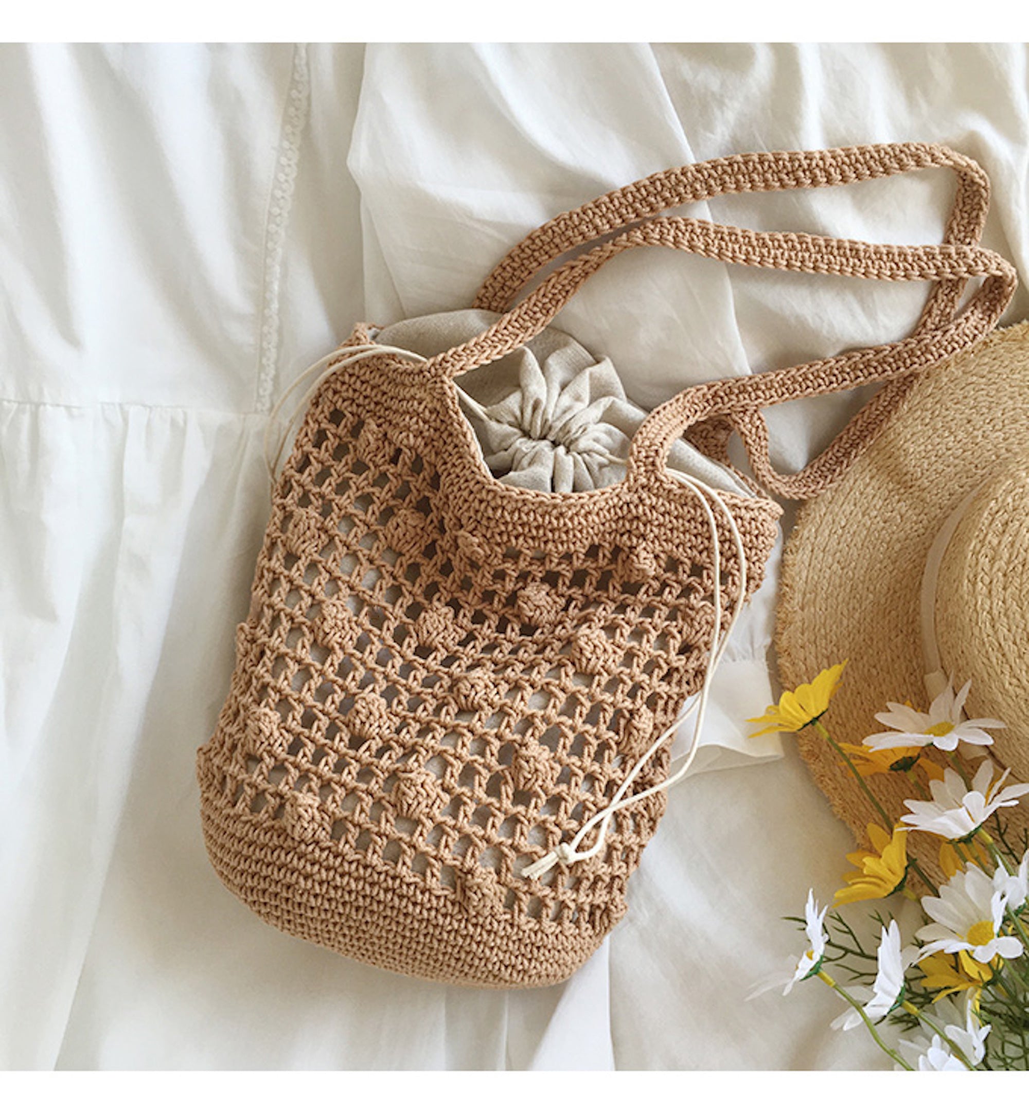 Buy Online High Quality, Unique Handmade Crochet Cotton Bucket Shoulder Bag, Minimalistic Basket Design, Hand Crochet Woven Purse, Fashion Casual Bag, Women's Purse, Shoulder Bag - Elena Hand