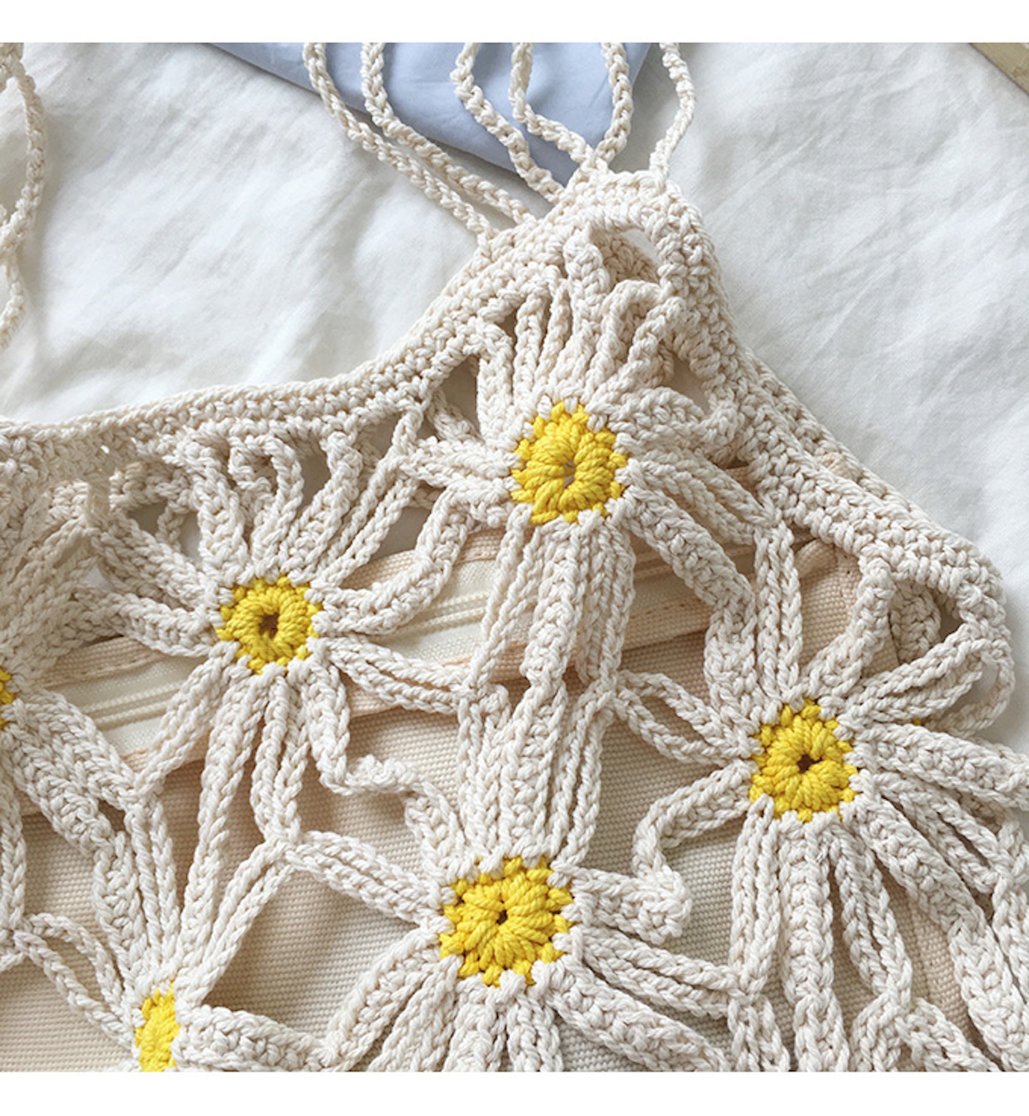 Buy Online High Quality, Unique Handmade Retro Daisy Cotton Knitted Shoulder Bag, Hand Woven, Fashion Casual Bag, Gift for Her, Women's Woven Bag - Elena Handbags