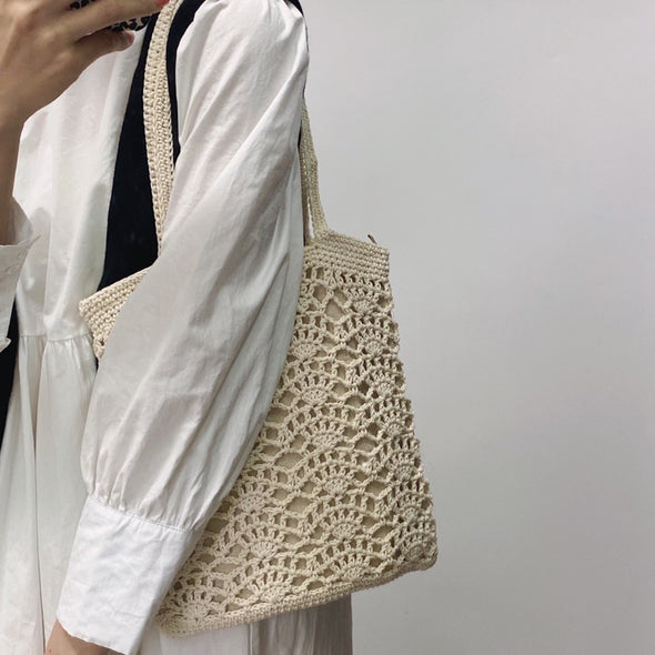 Elena Handbags Crochet Medium Cotton Knitted Top Handle Bag with Floral Design
