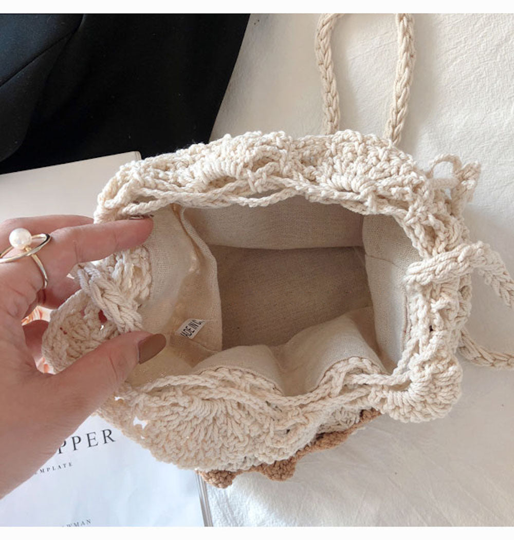 Buy Online High Quality, Unique Handmade Retro Cotton Drawstring Shoulder Bag, Hand Crochet Woven Purse, Fashion Casual Bag, Crossbody Bag Women's Purse Shoulder Bag - Elena Handbags