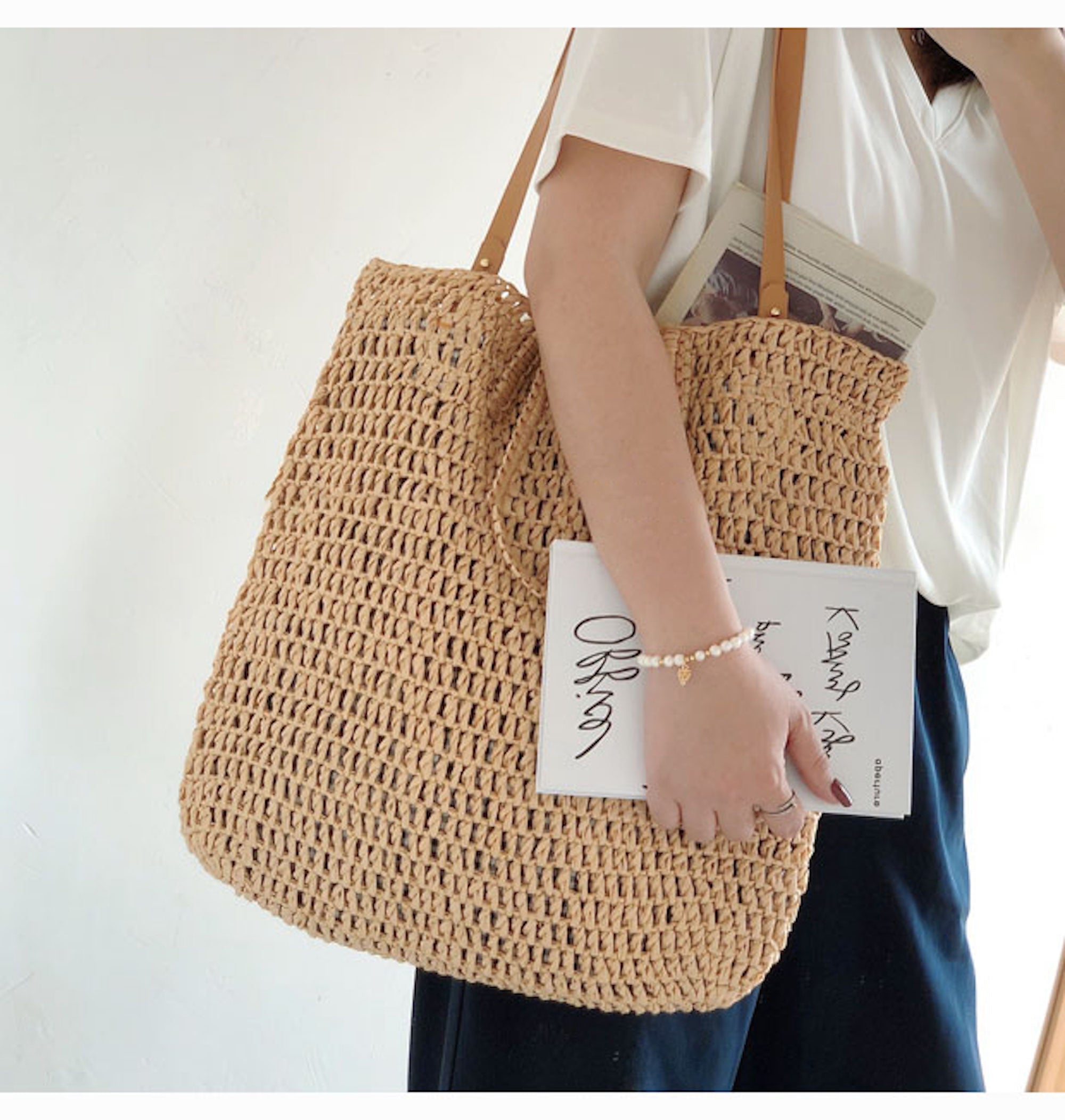 Buy Online High Quality, Unique Handmade Minimalistic Straw Woven Tote Bag with Leather Straps, Vintage Vibes, Shoulder Bag, Retro Bag, Beach Bag - Elena Handbags