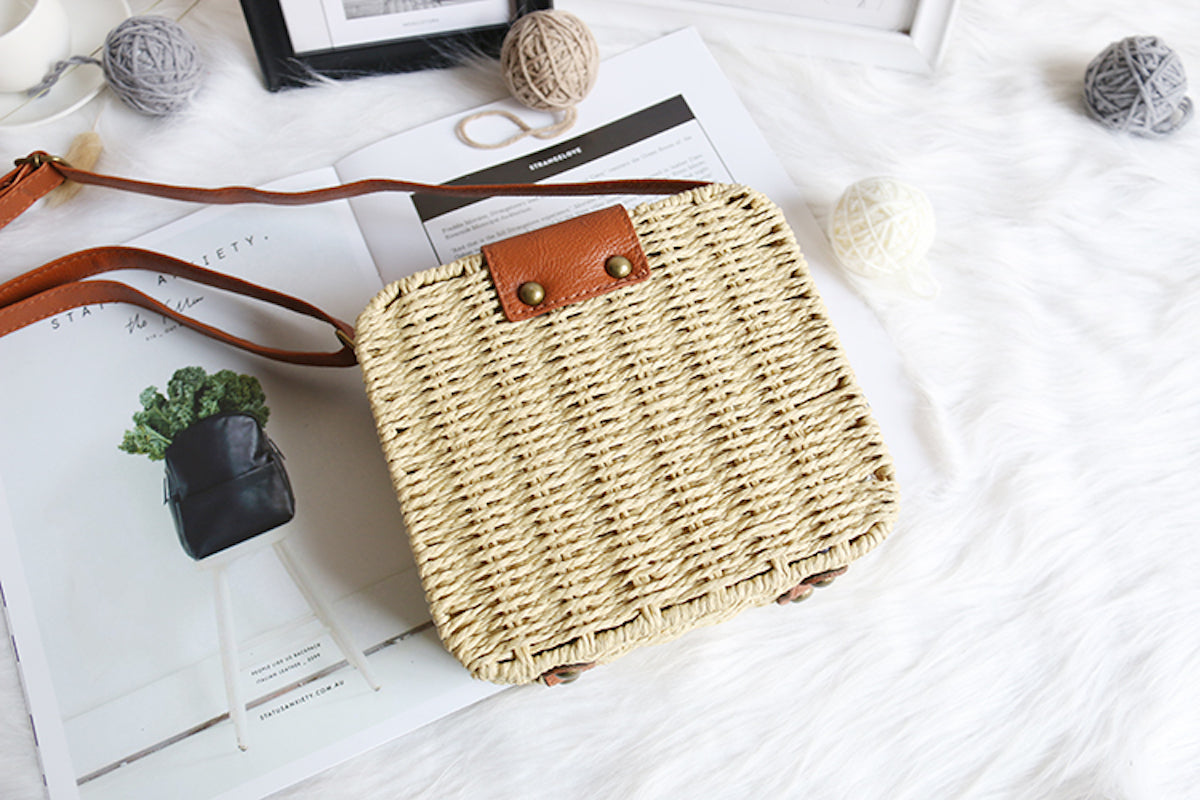 Elena Handbags Straw Woven Square Box Bag with Leather Flap White
