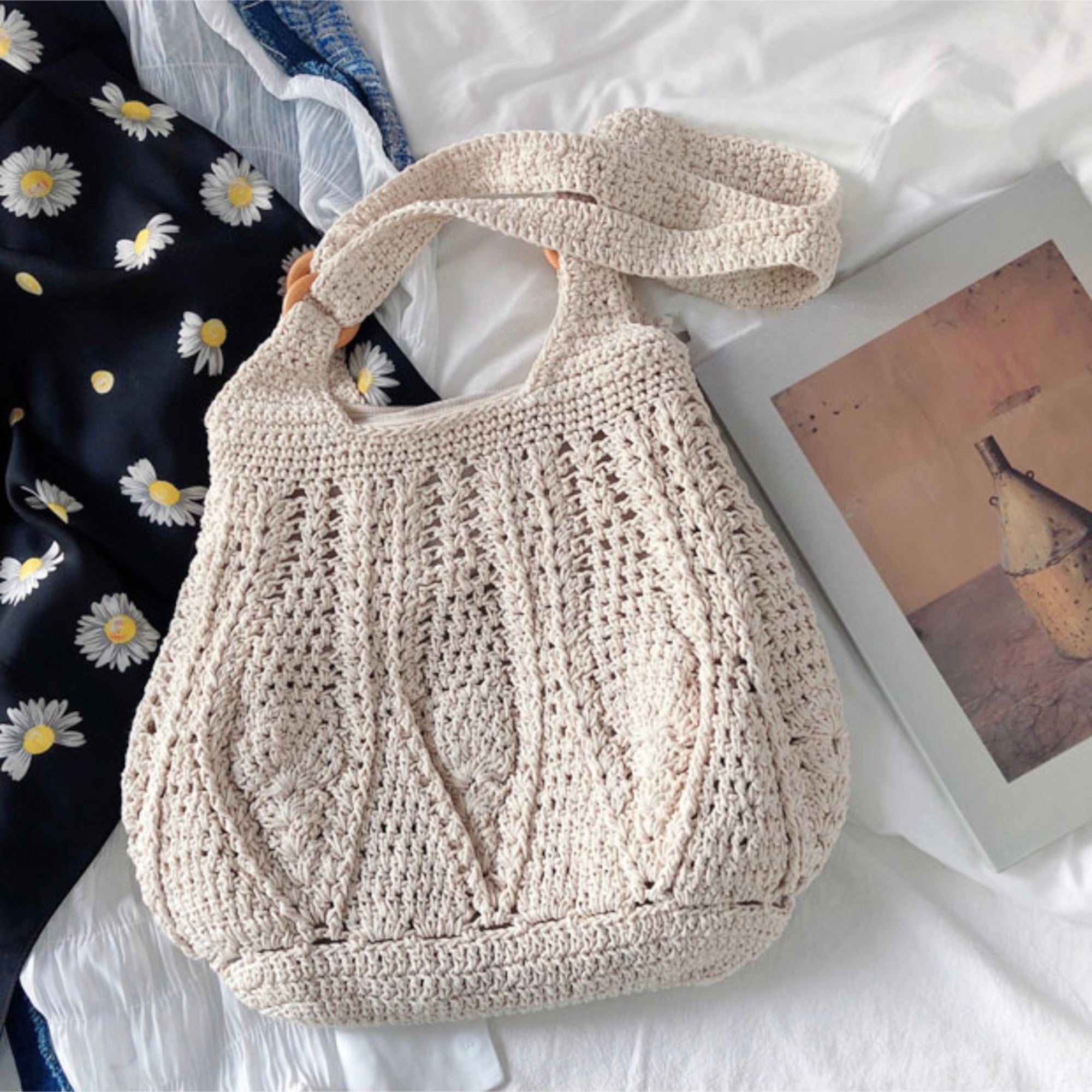 Buy Online High Quality, Unique Handmade Retro Artsy Twist Cotton Knitted Shoulder Bag, Hand Woven, Fashion Casual Bag, Gift for Her, Women's Woven Bag - Elena Handbags