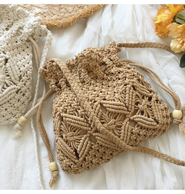 Elena Handbags Retro Cotton Knitted Shoulder Drawstring Bag with Tassel