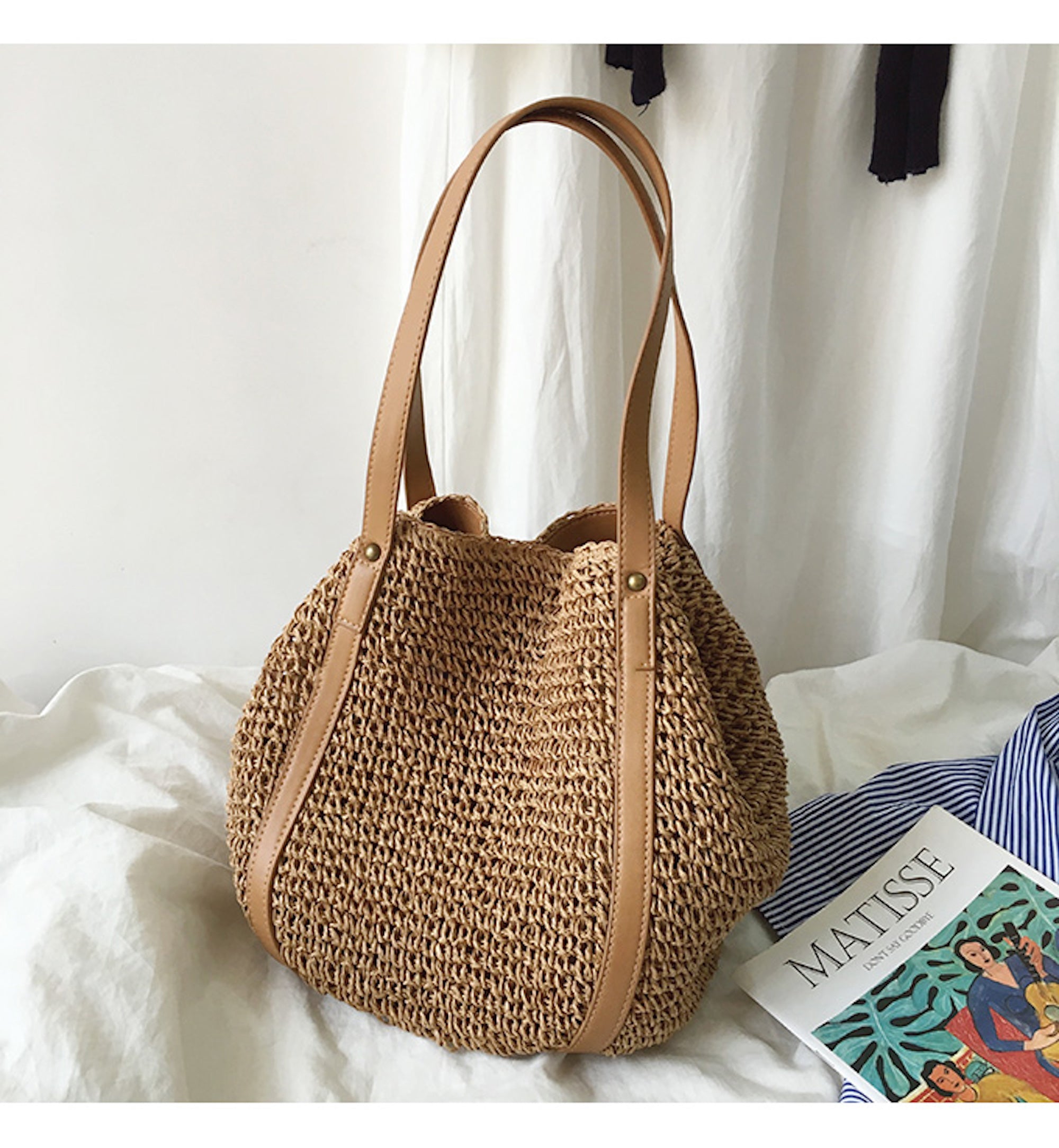 Buy Online High Quality, Unique Handmade Large Straw Woven Tote Bag with Leather Accents, Summer Bag, Everyday Shoulder Bag, Beach Bag - Elena Handbags