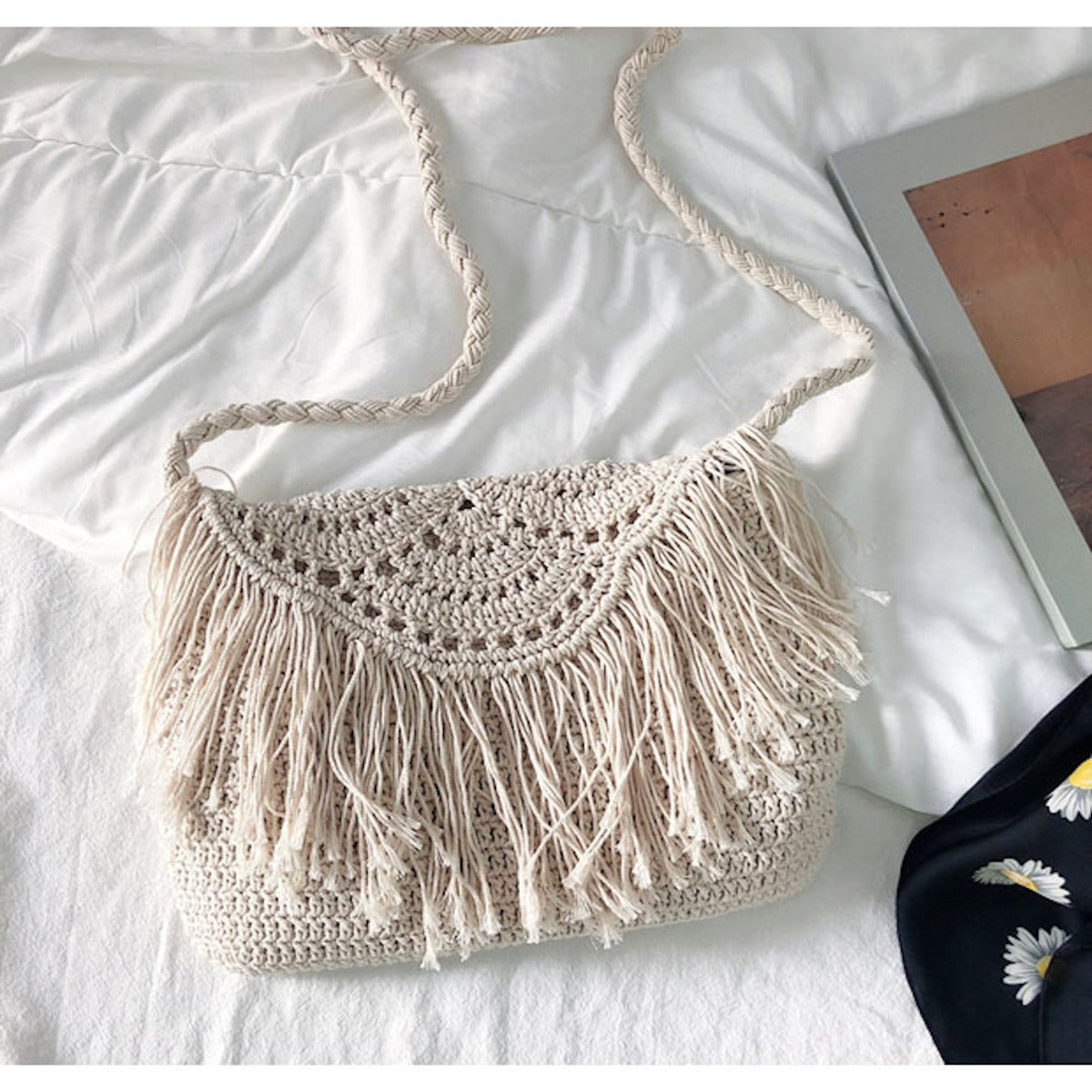 Buy Online High Quality, Unique Handmade Bohemian Tassel Beach Bag, Women Crochet Fringed Crossbody Bag, Hand Knitted Boho Shoulder Bag - Elena Handbags