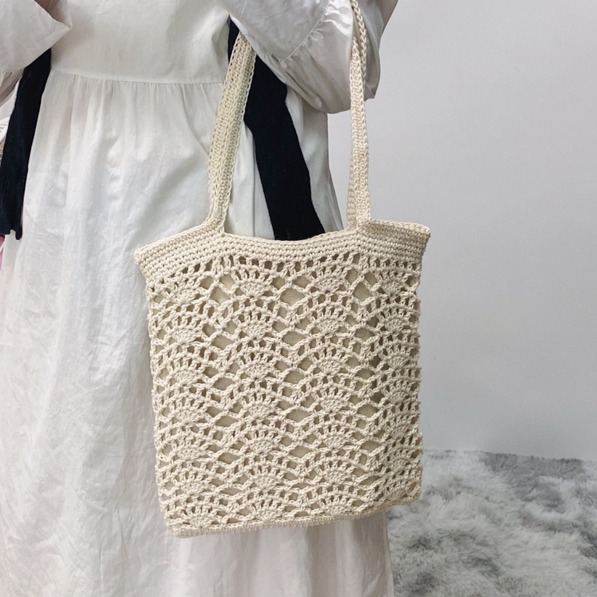 Crochet Medium Cotton Knitted Top Handle Bag with Floral Design