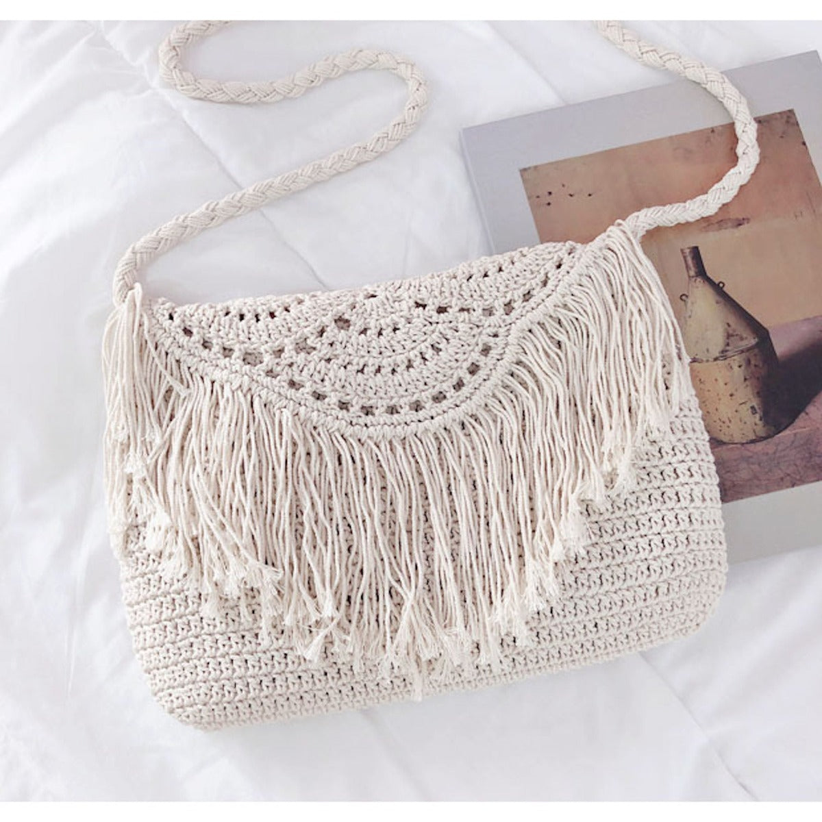 Buy Online High Quality, Unique Handmade Bohemian Tassel Beach Bag, Women Crochet Fringed Crossbody Bag, Hand Knitted Boho Shoulder Bag - Elena Handbags