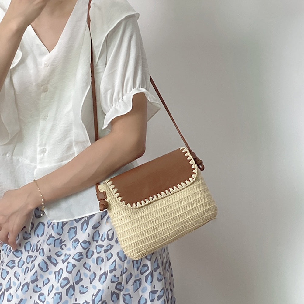 Buy Online High Quality, Unique Handmade Straw Woven Shoulder Bag with Leather Flap, Women's Purse - Elena Handbags