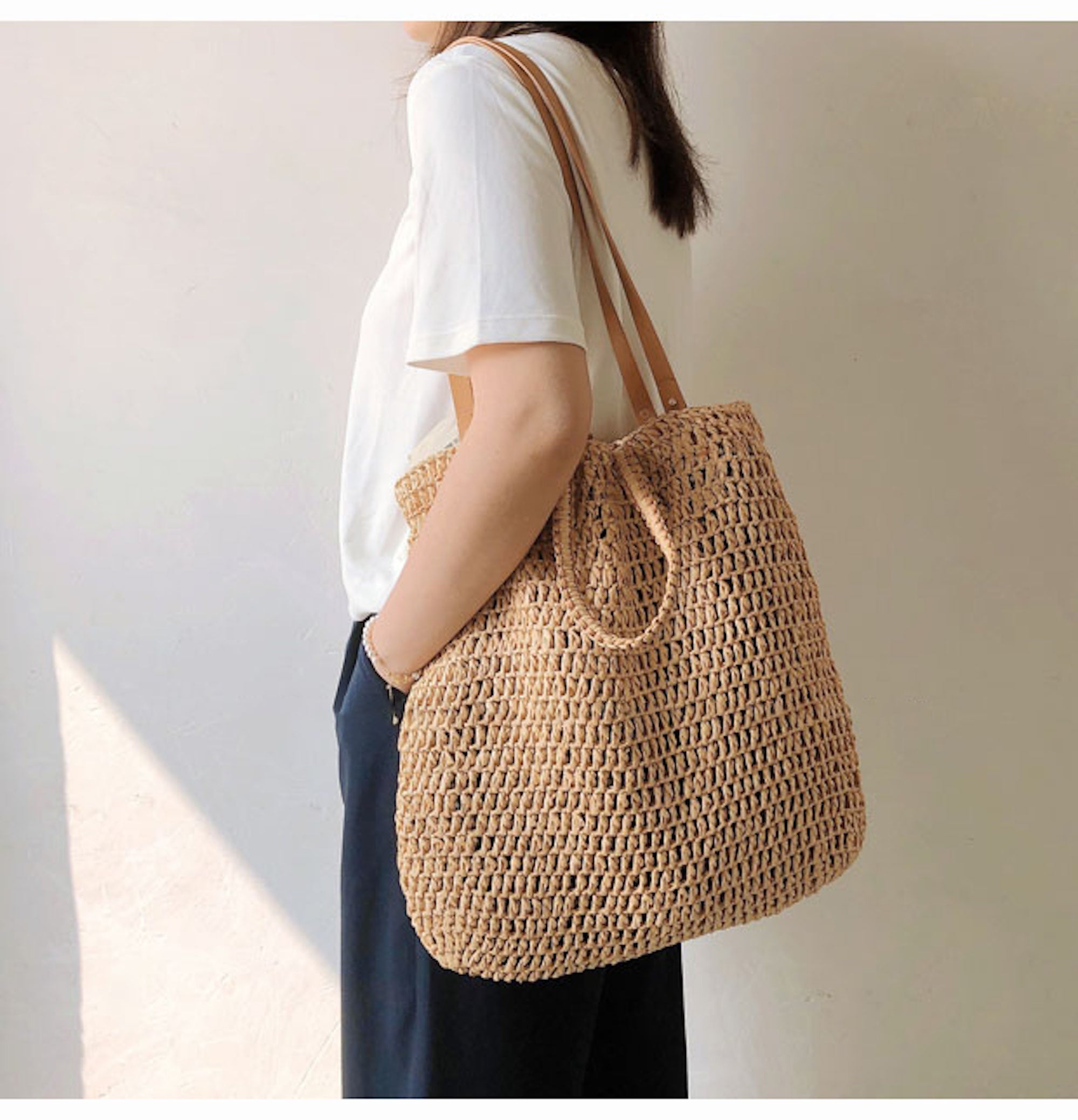 Buy Online High Quality, Unique Handmade Minimalistic Straw Woven Tote Bag with Leather Straps, Vintage Vibes, Shoulder Bag, Retro Bag, Beach Bag - Elena Handbags