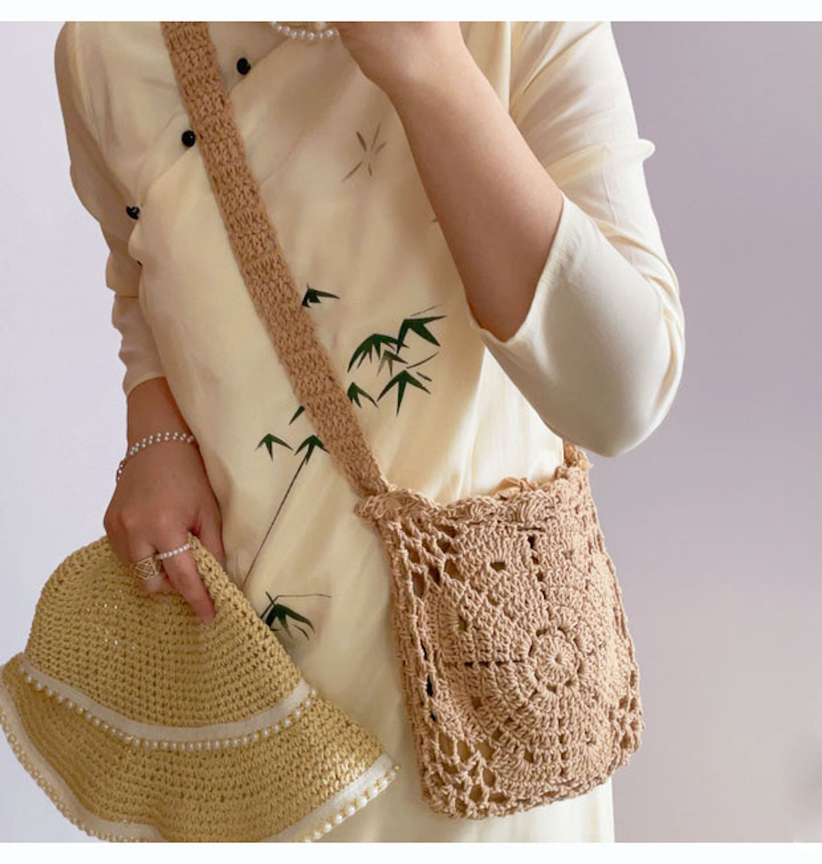 Elena Handbags Small Boho Cotton Knitted Shoulder Bag Green