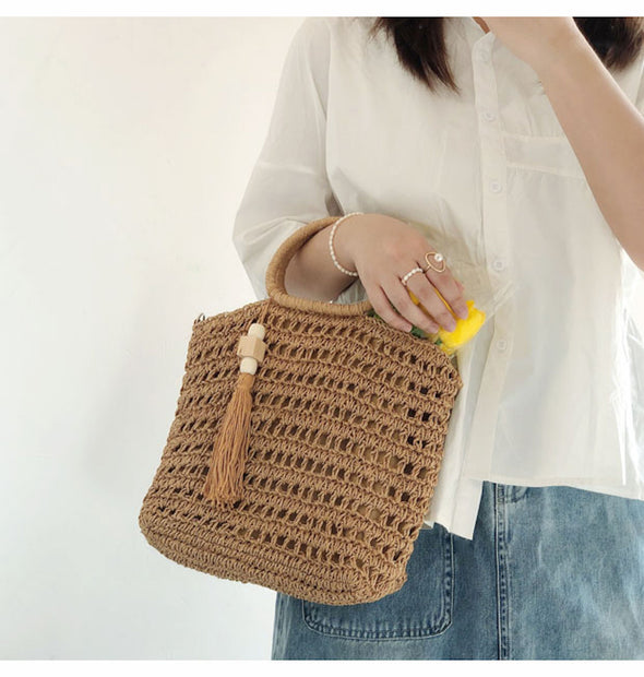 Buy Online High Quality, Unique Handmade Straw Woven Top Handle Bag with Shoulder Strap, Summer Handbag, Everyday Shoulder Bag, Beach Bag - Elena Handbags