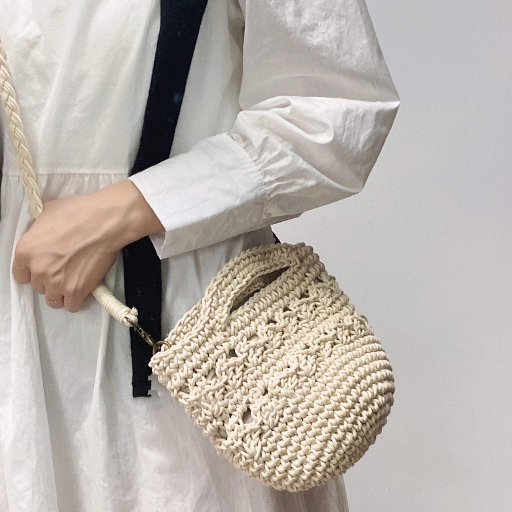 Buy Online High Quality, Unique Handmade Retro Crochet Shoulder Crossbody Bag, Minimalistic Basket Design, Small Size, Handmade Woven Cotton Twine - Elena Handbags