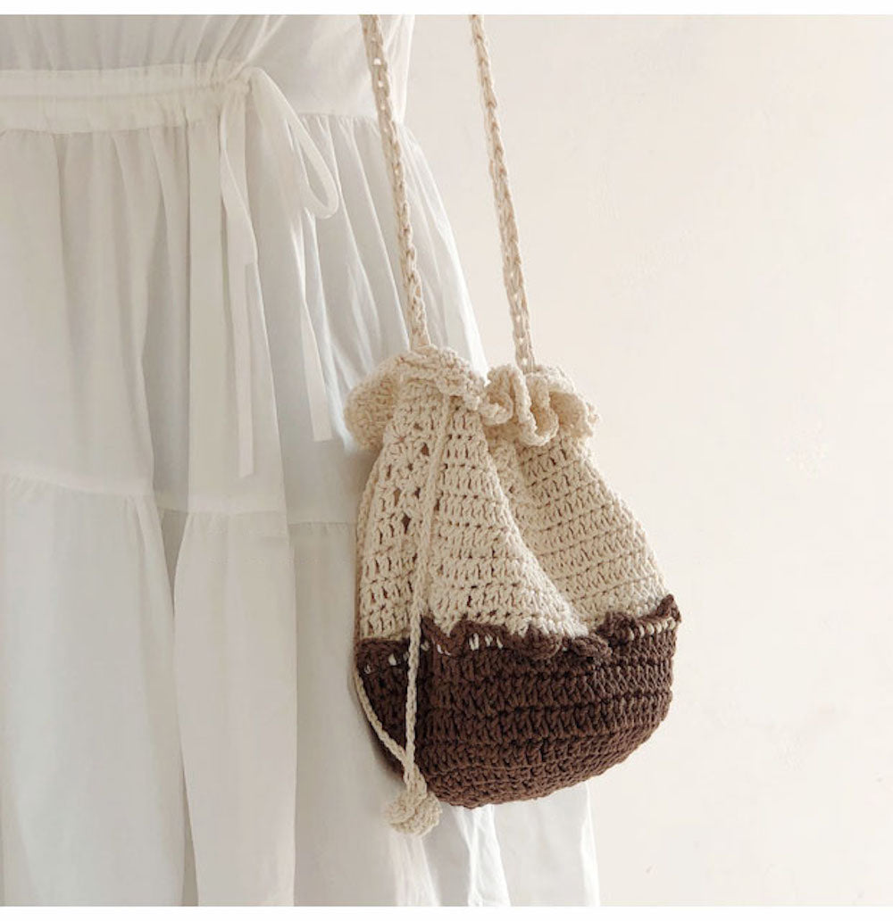 Buy Online High Quality, Unique Handmade Retro Cotton Drawstring Shoulder Bag, Hand Crochet Woven Purse, Fashion Casual Bag, Crossbody Bag Women's Purse Shoulder Bag - Elena Handbags