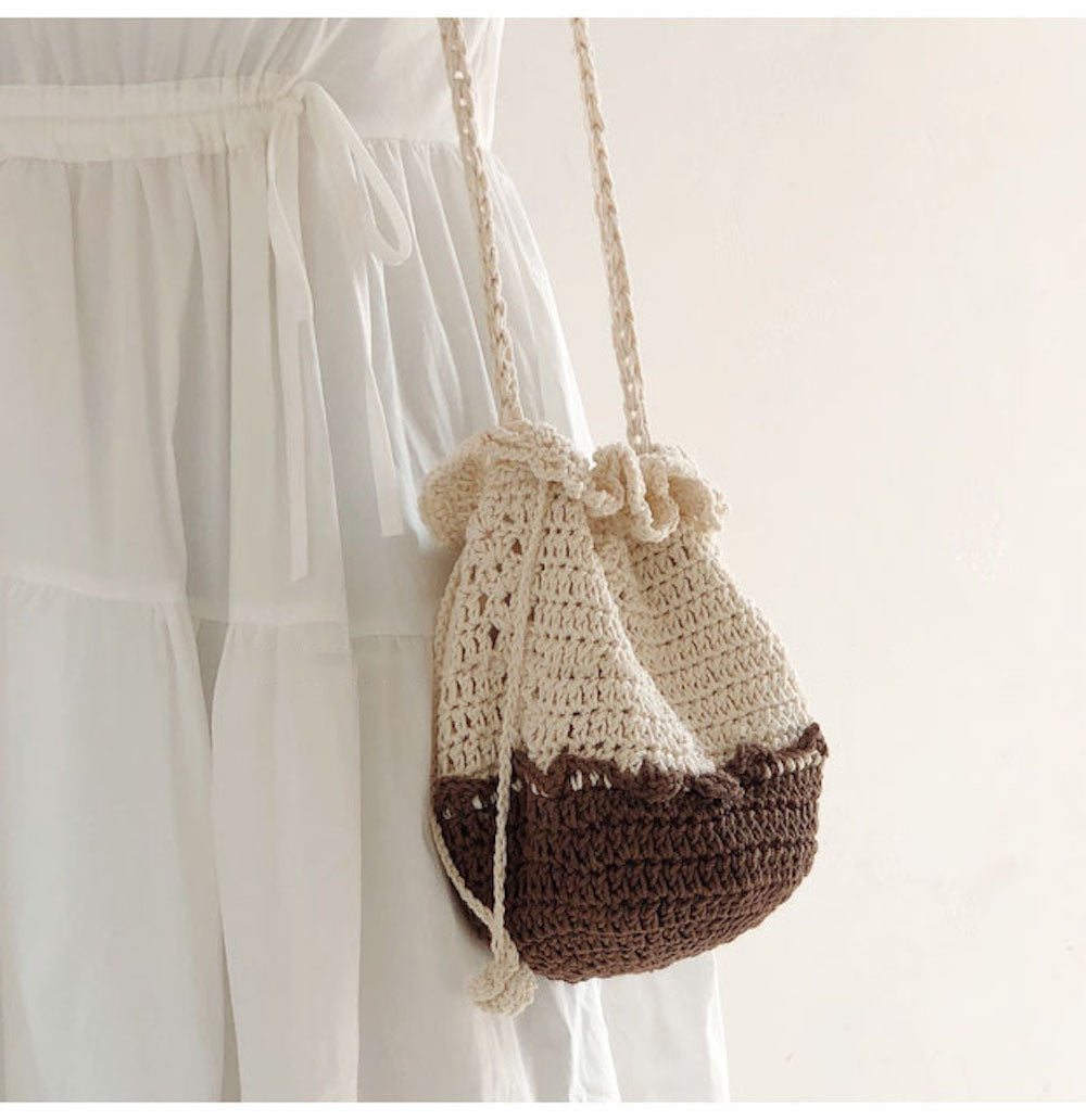 Elena Handbags Retro Cotton Knitted Shoulder Drawstring Bag