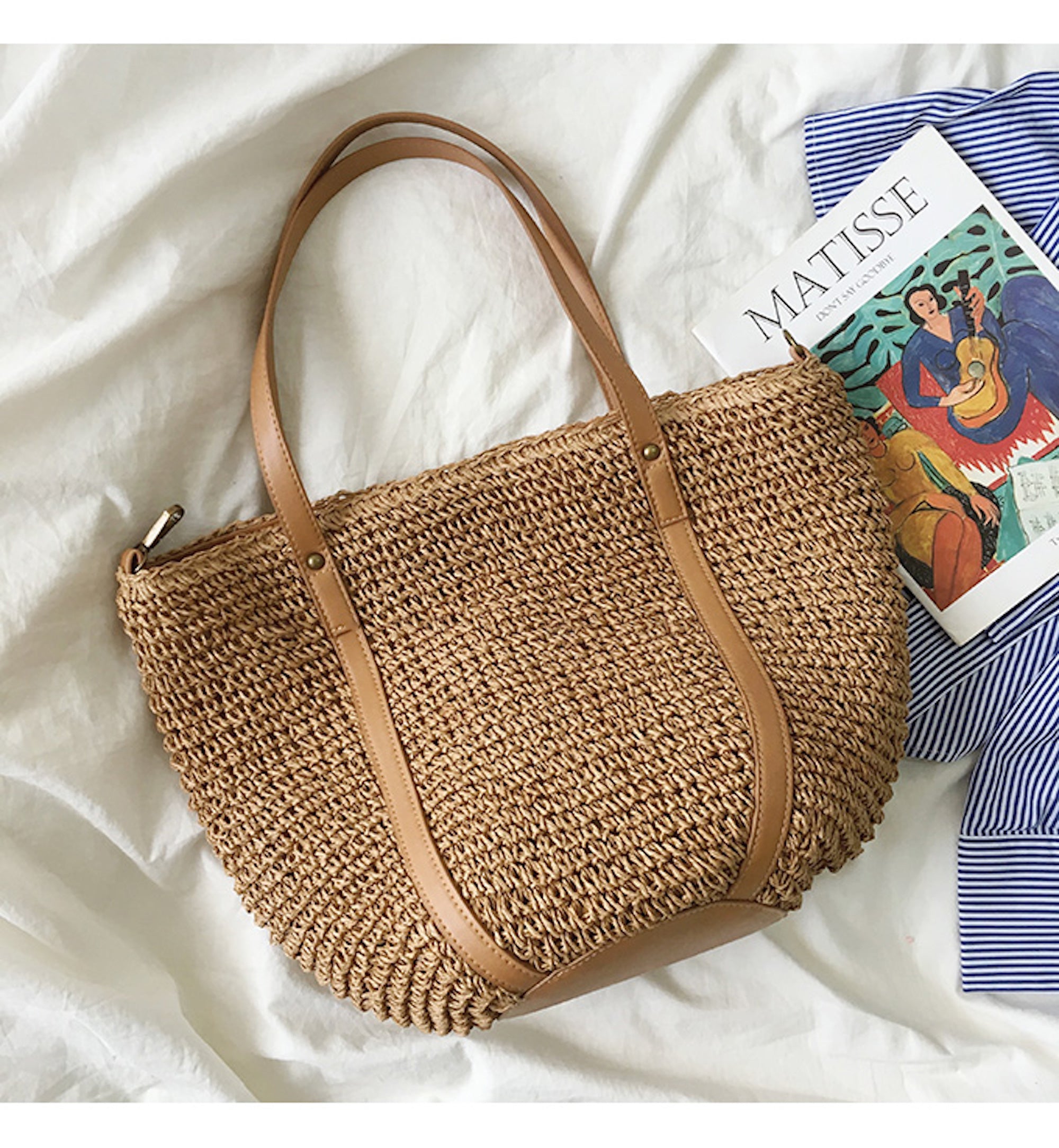 Buy Online High Quality, Unique Handmade Large Straw Woven Tote Bag with Leather Accents, Summer Bag, Everyday Shoulder Bag, Beach Bag - Elena Handbags
