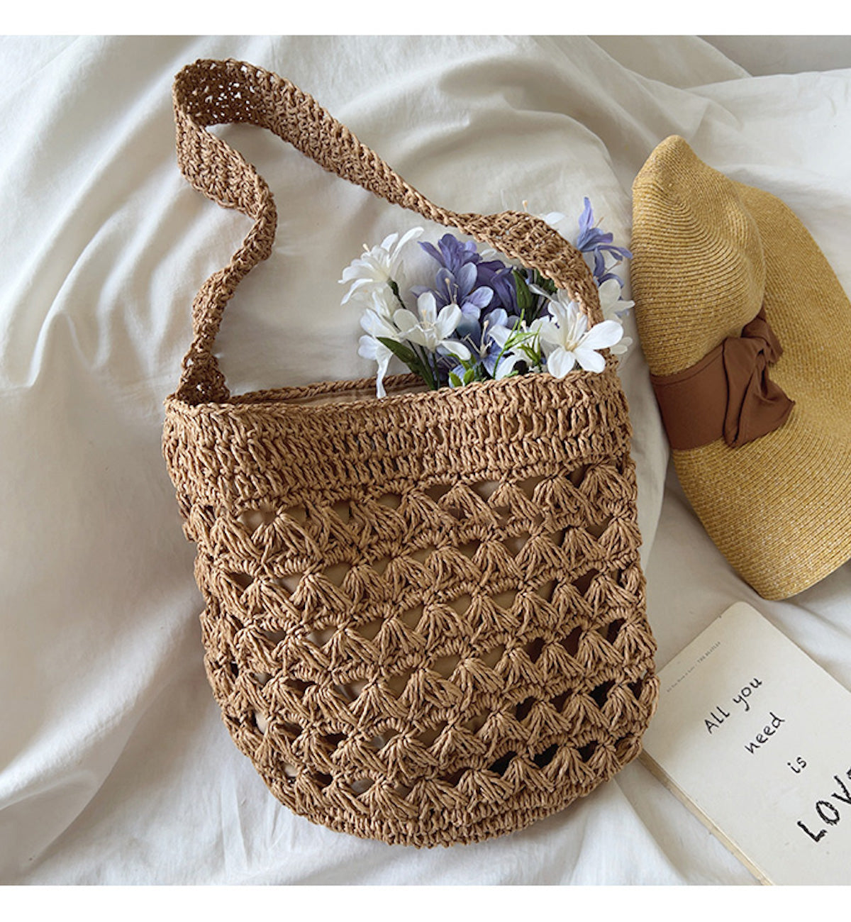 Buy Online Elena Handbags Patterned Straw Shoulder Bucket Bag