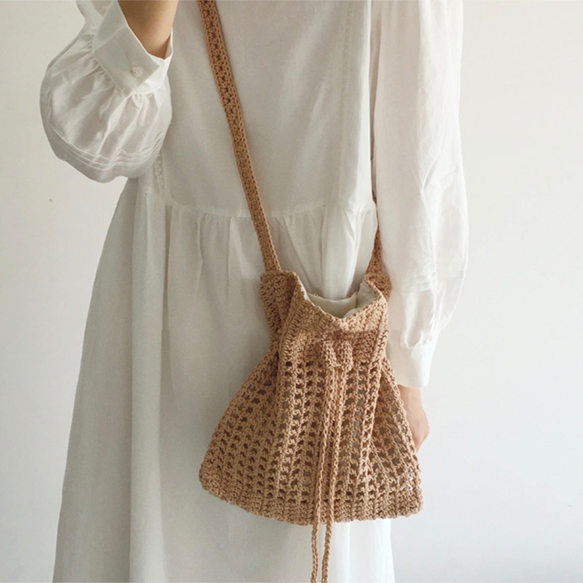 Buy Online High Quality, Unique Handmade Retro Artsy Cotton Knitted Shoulder Bag, Handmade Crochet Crossbody Bag, Fashion Casual Bag, Gift for Her, Women's Woven Drawstring Bag - Elena Handba