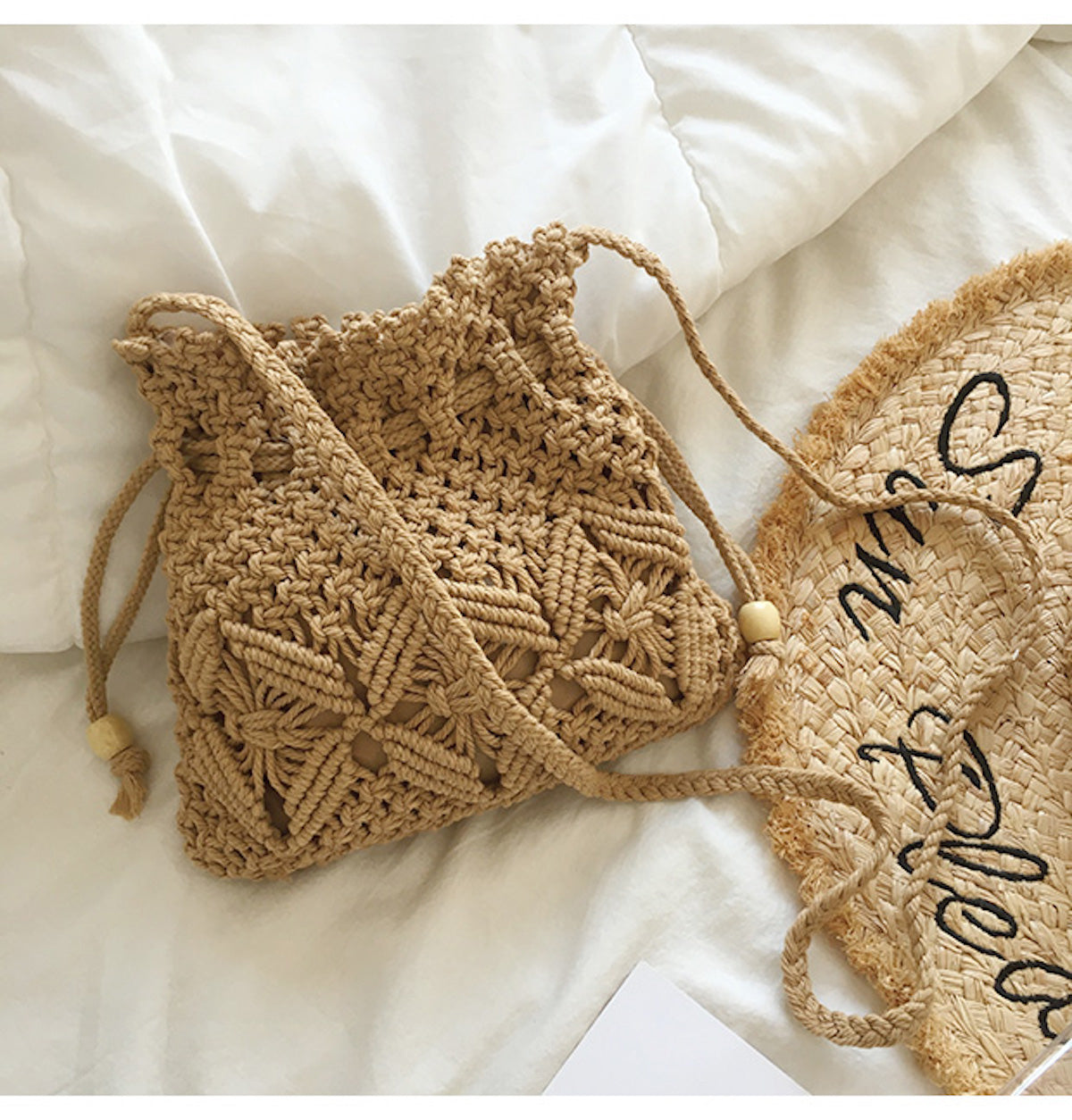 Retro Cotton Macrame Shoulder Drawstring Bag – Elena Handbags