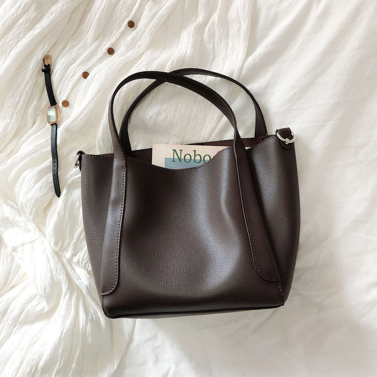 Buy Online Leather Bucket Bag with Shoulder Strap and Inner Pouch