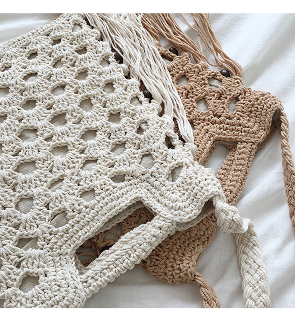 Buy Online High Quality, Unique Handmade Retro Cotton Crochet Shoulder Bag with Tassels, Hand Woven, Fashion Casual Bag, Gift for Her, Women's Woven Bag - Elena Handbags