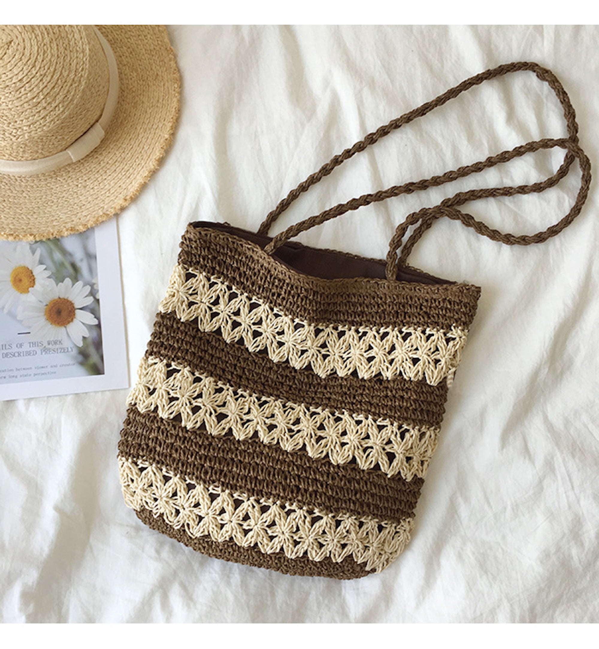 Buy Online High Quality, Unique Handmade 2021 Style Patterned Straw Woven Tote Bag, Retro Vibes, Summer Bag, Everyday Shoulder Bag, Beach Bag - Elena Handbags