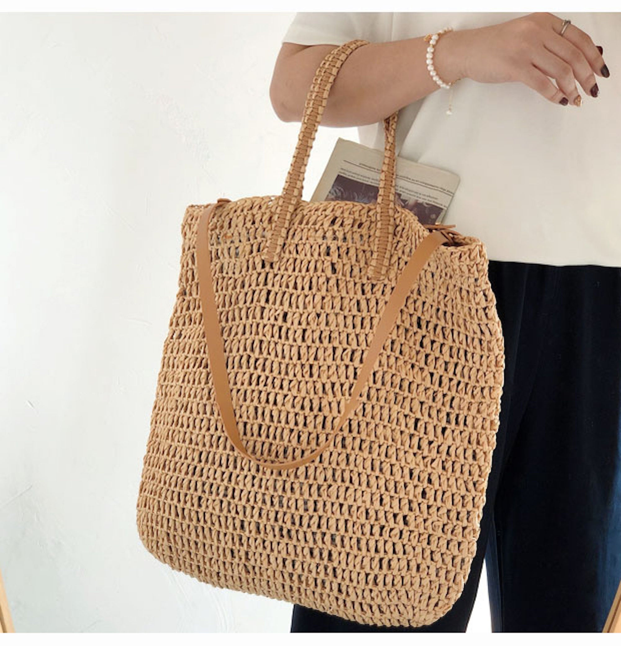 Buy Online High Quality, Unique Handmade Minimalistic Straw Woven Tote Bag with Leather Straps, Vintage Vibes, Shoulder Bag, Retro Bag, Beach Bag - Elena Handbags