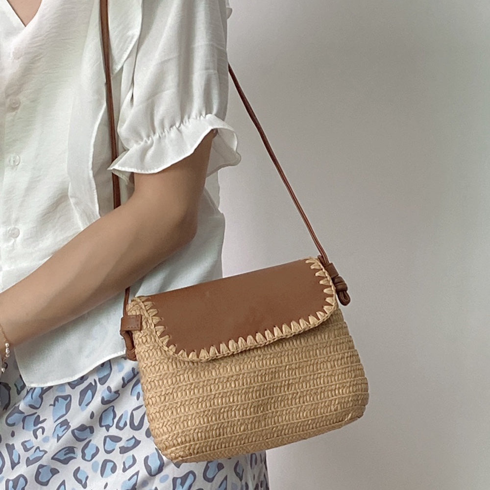 Buy Online High Quality, Unique Handmade Straw Woven Shoulder Bag with Leather Flap, Women's Purse - Elena Handbags