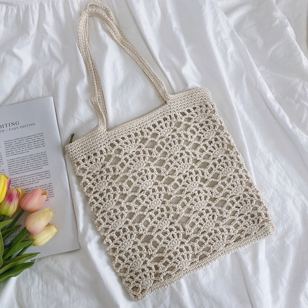 Crochet Medium Cotton Knitted Top Handle Bag with Floral Design
