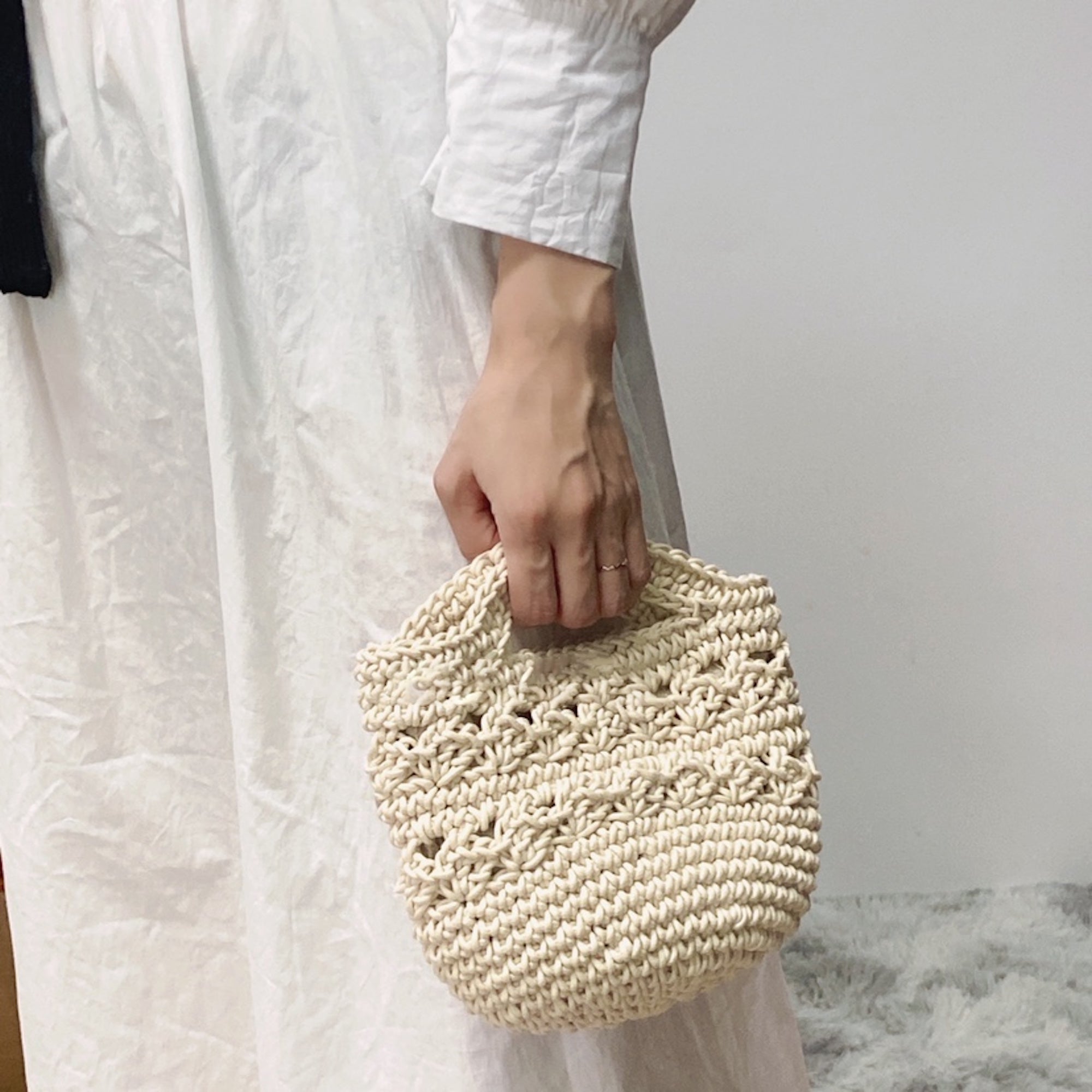 Buy Online High Quality, Unique Handmade Retro Crochet Shoulder Crossbody Bag, Minimalistic Basket Design, Small Size, Handmade Woven Cotton Twine - Elena Handbags