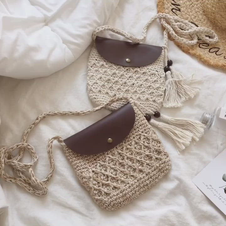 Crochet Crossbody Messenger Bag with Leather Flap