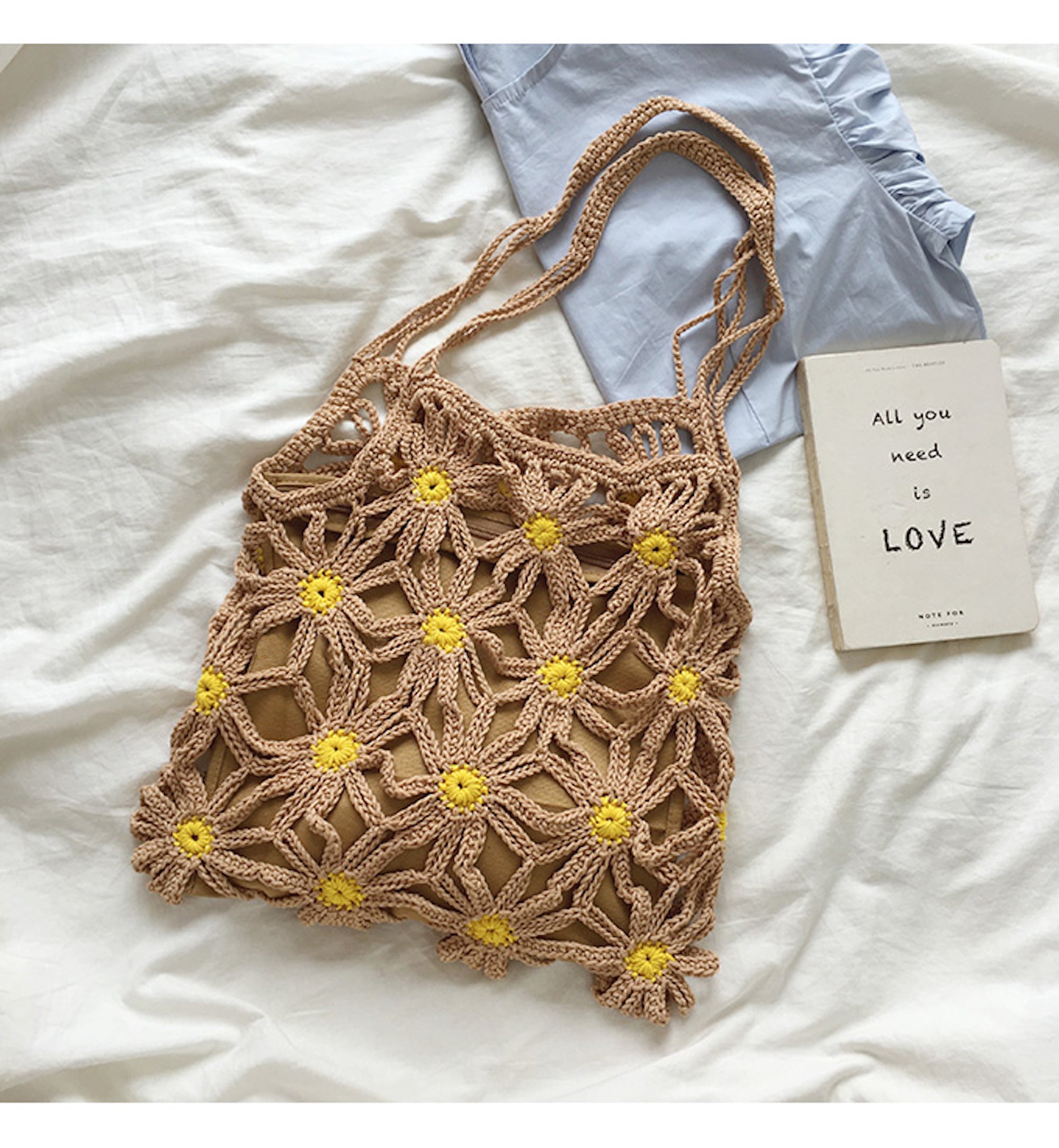 Buy Online High Quality, Unique Handmade Retro Daisy Cotton Knitted Shoulder Bag, Hand Woven, Fashion Casual Bag, Gift for Her, Women's Woven Bag - Elena Handbags