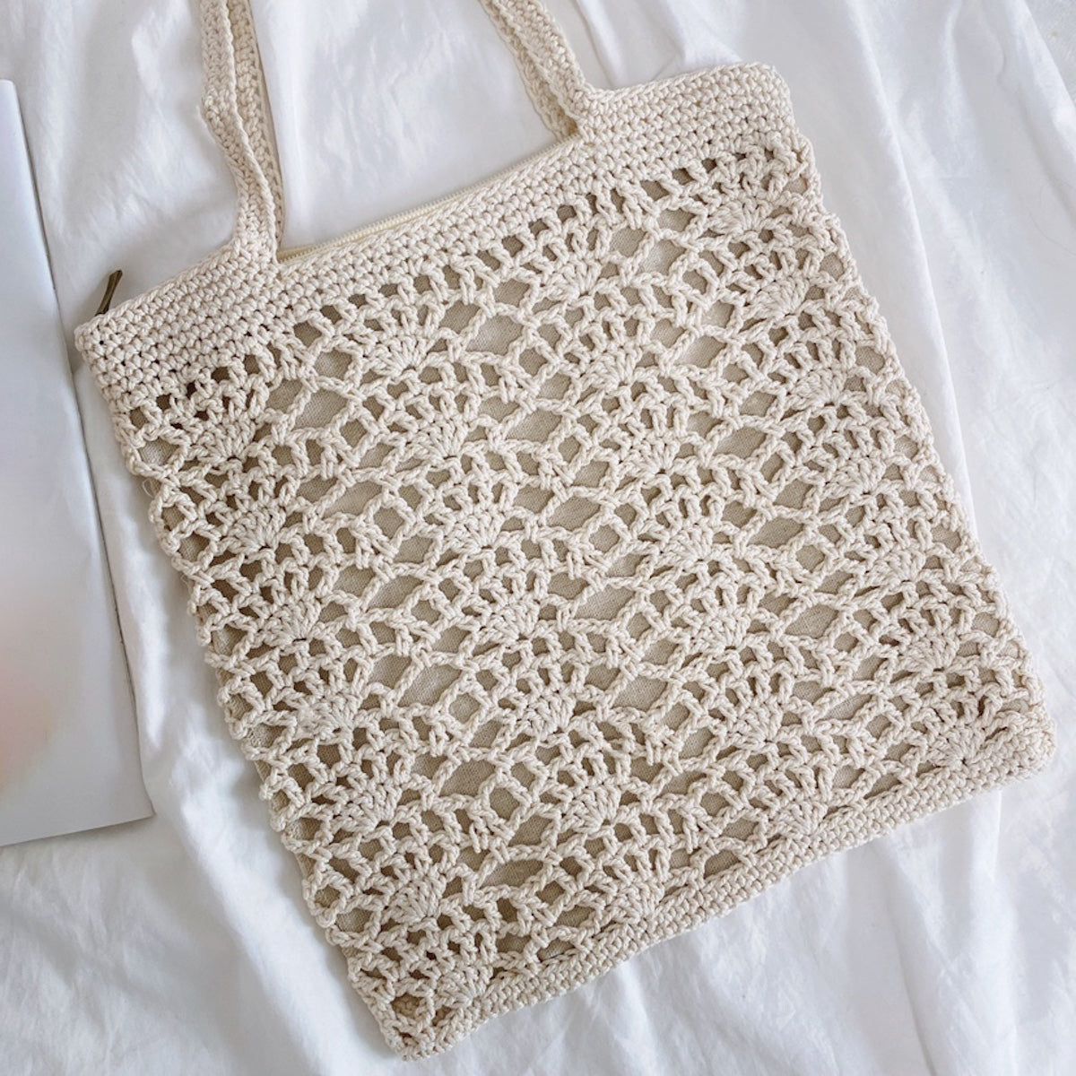 Crochet Medium Cotton Knitted Top Handle Bag with Floral Design