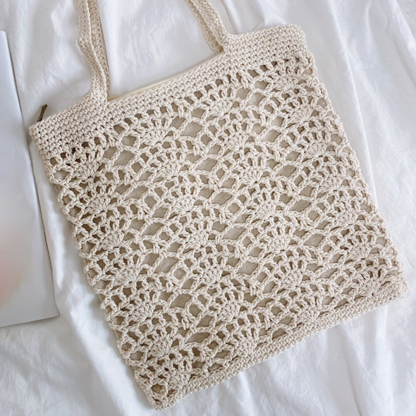 Elena Handbags Crochet Medium Cotton Knitted Top Handle Bag with Floral Design
