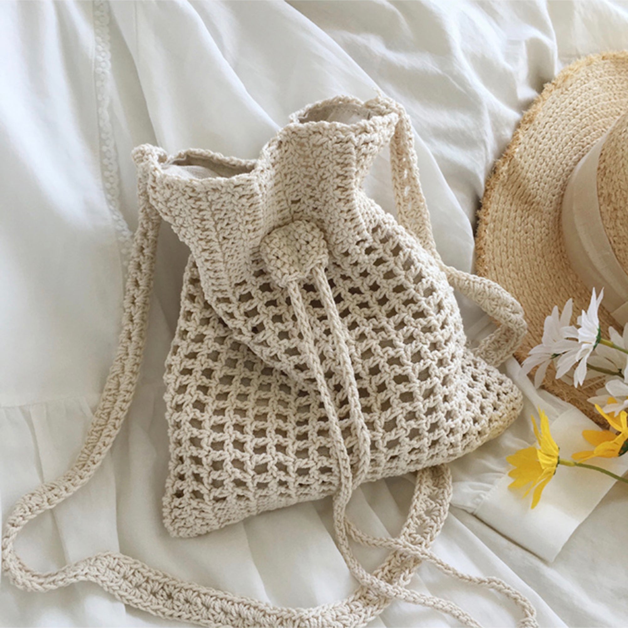 Buy Online High Quality, Unique Handmade Retro Artsy Cotton Knitted Shoulder Bag, Handmade Crochet Crossbody Bag, Fashion Casual Bag, Gift for Her, Women's Woven Drawstring Bag - Elena Handba