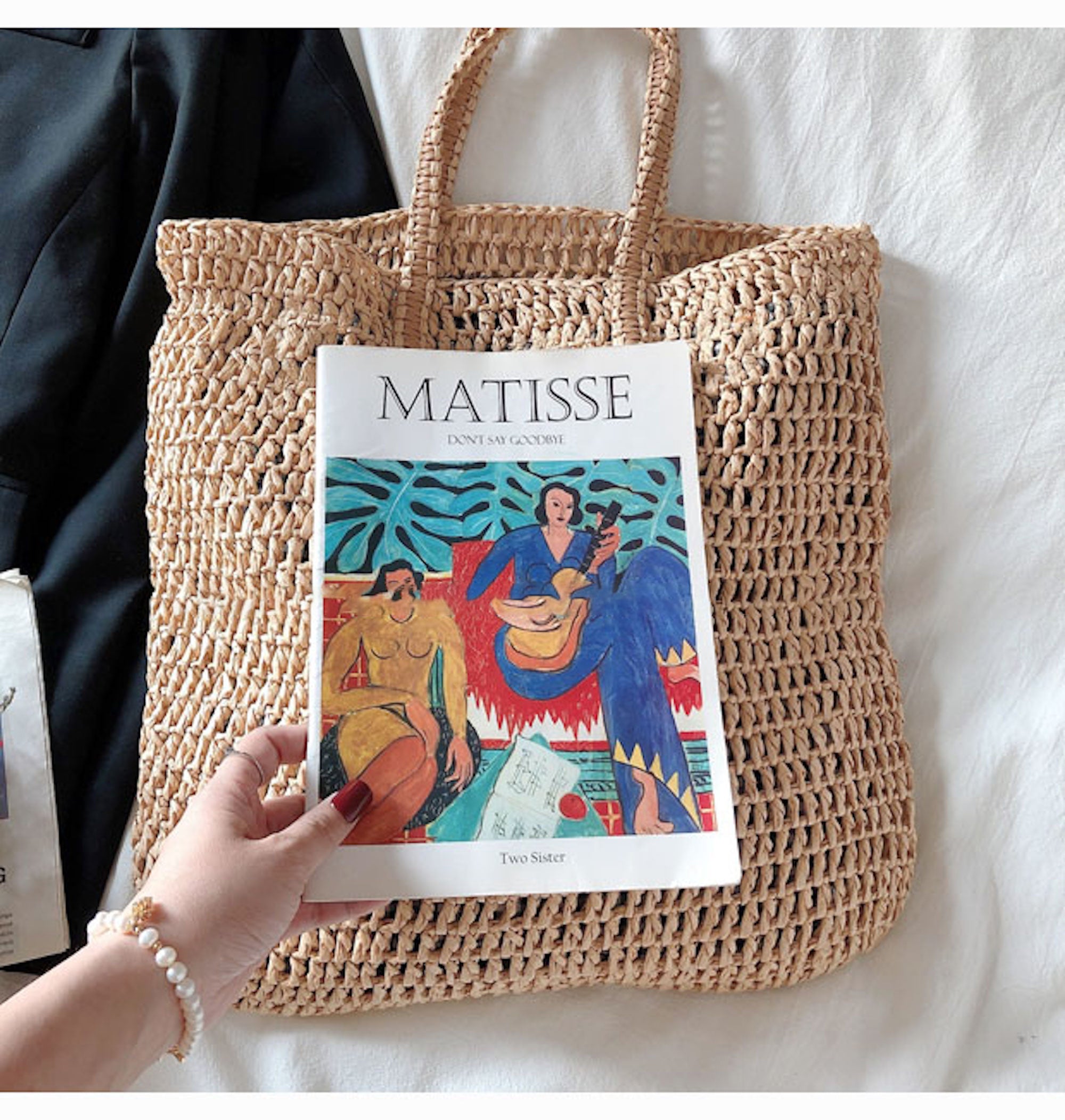 Buy Online High Quality, Unique Handmade Minimalistic Straw Woven Tote Bag with Leather Straps, Vintage Vibes, Shoulder Bag, Retro Bag, Beach Bag - Elena Handbags