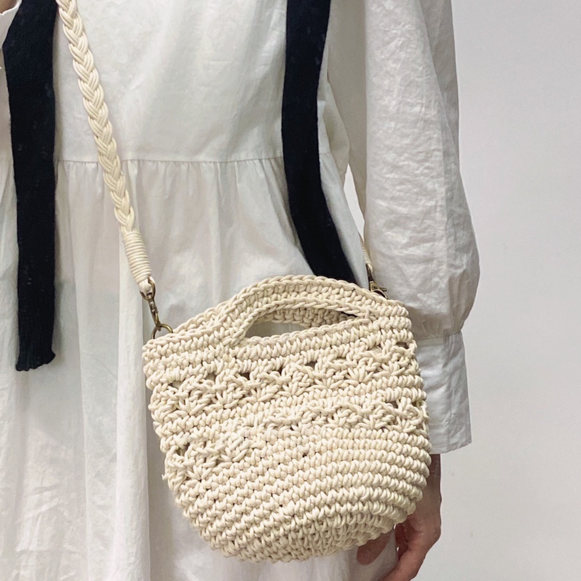 Buy Online High Quality, Unique Handmade Retro Crochet Shoulder Crossbody Bag, Minimalistic Basket Design, Small Size, Handmade Woven Cotton Twine - Elena Handbags