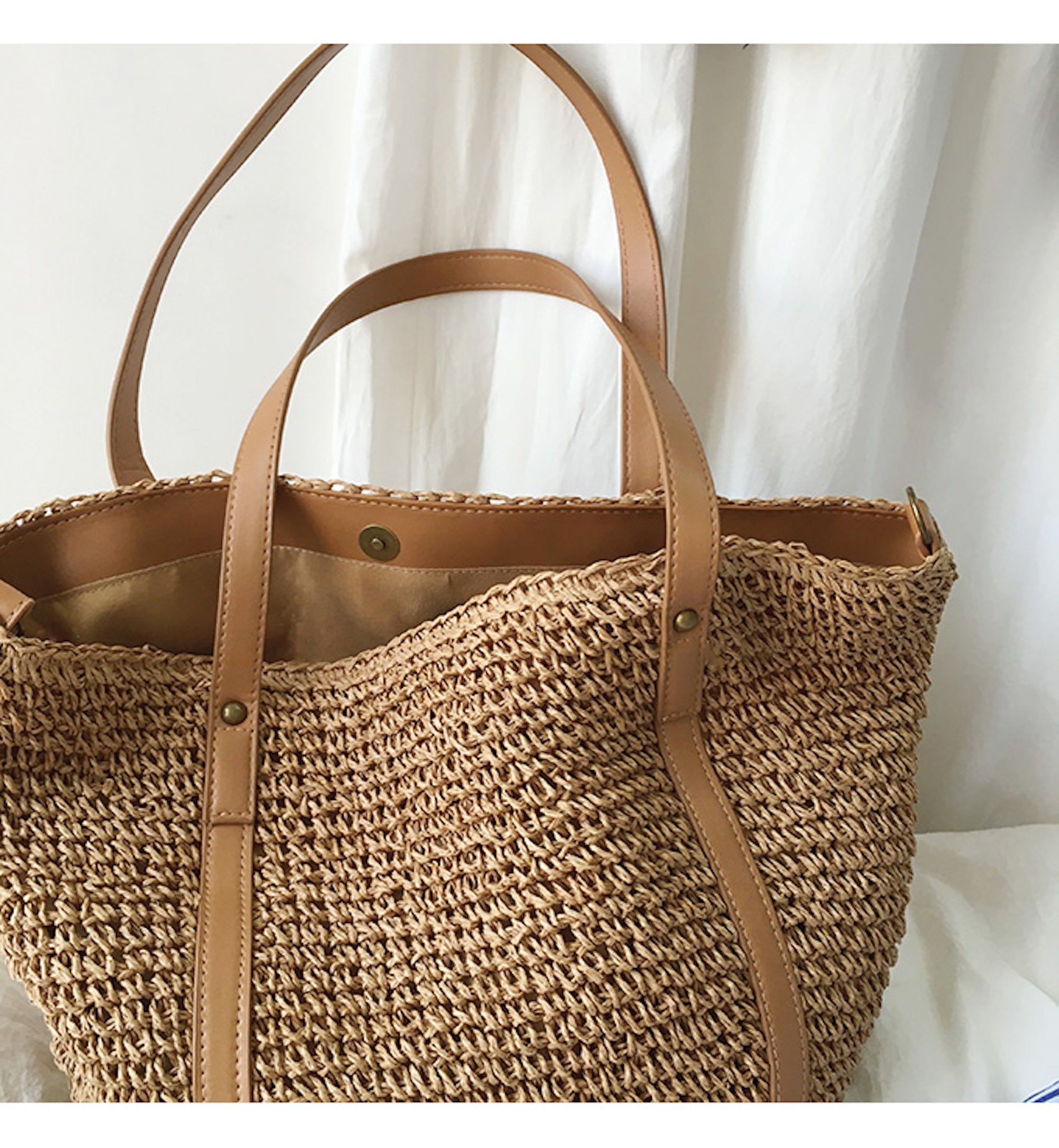 Buy Online High Quality, Unique Handmade Large Straw Woven Tote Bag with Leather Accents, Summer Bag, Everyday Shoulder Bag, Beach Bag - Elena Handbags