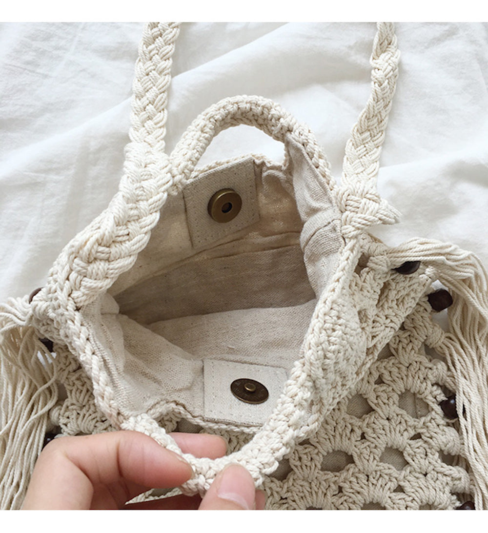 Buy Online High Quality, Unique Handmade Retro Cotton Crochet Shoulder Bag with Tassels, Hand Woven, Fashion Casual Bag, Gift for Her, Women's Woven Bag - Elena Handbags
