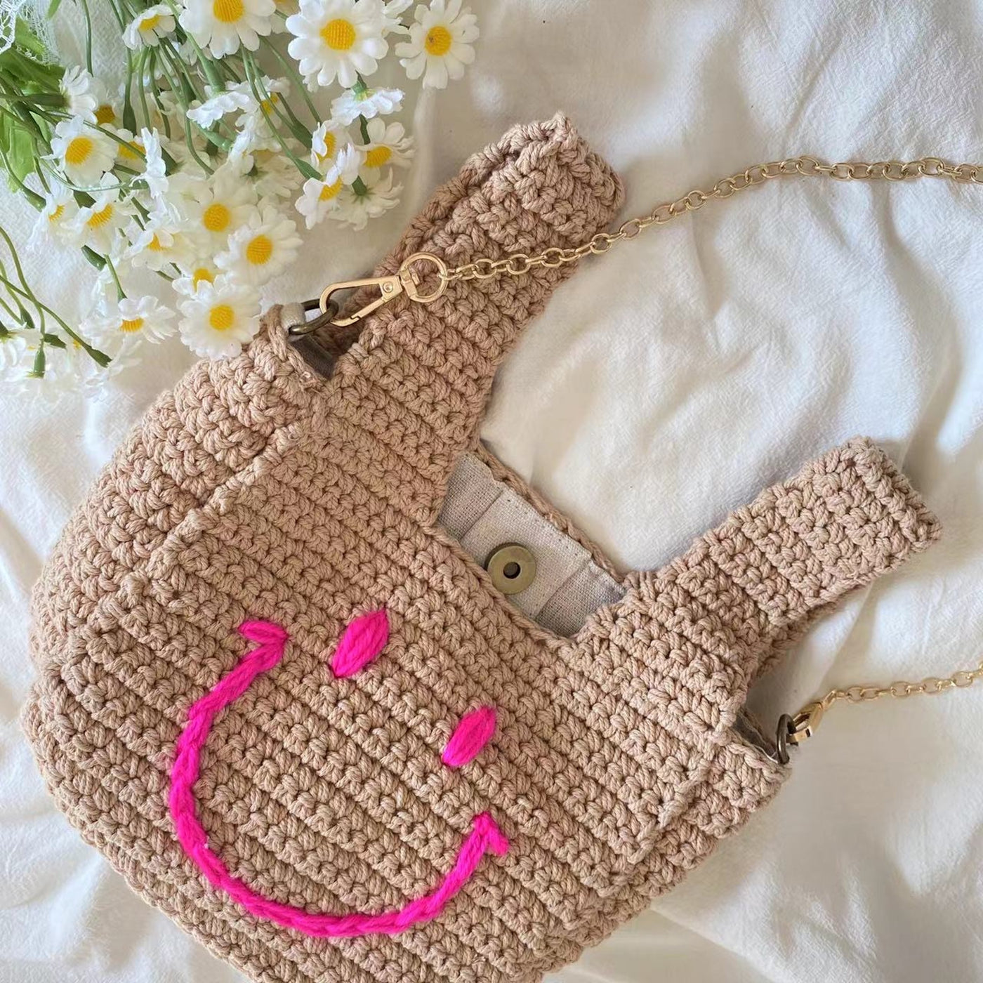 Elena Handbags Crochet Smiley Face Round Bag