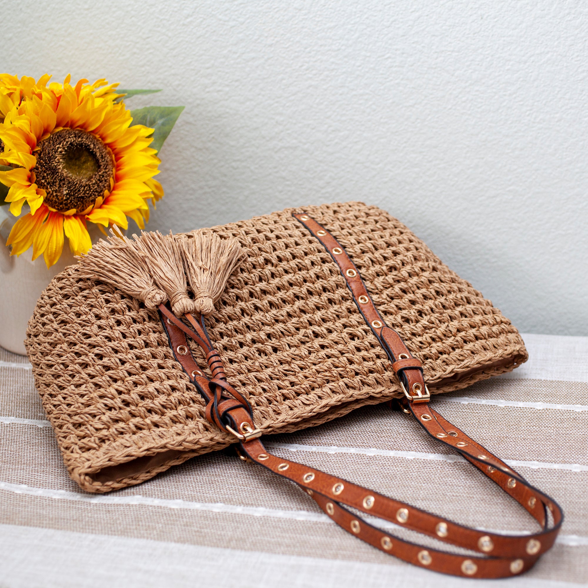 Elena Handbags Straw Woven Tote with Leather Straps